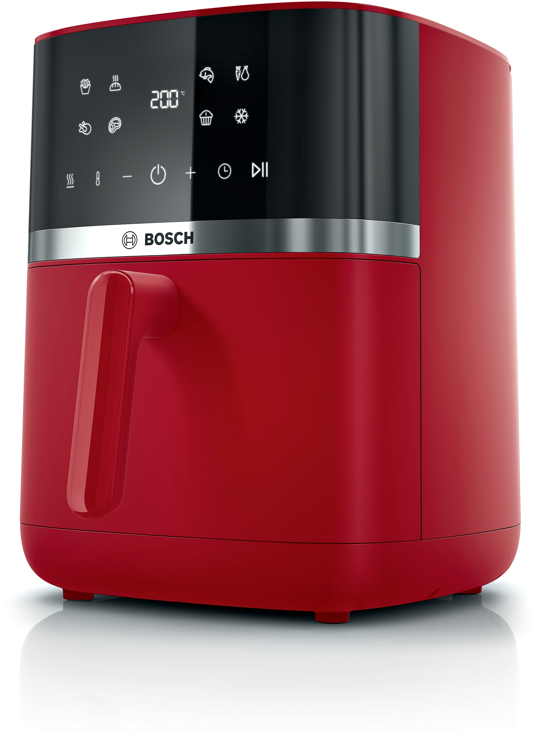 Rote Bosch Heißluftfritteuse mit digitalem Display, das 200°C anzeigt.