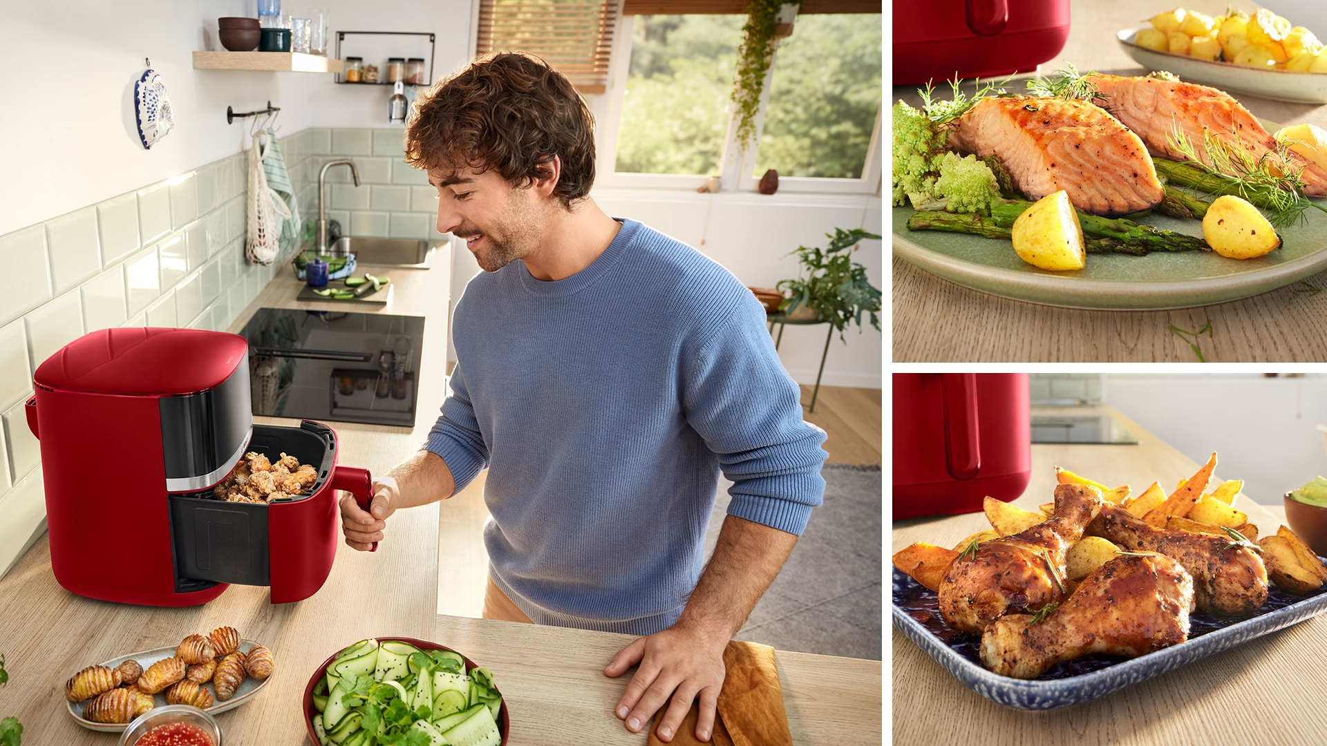 Ein Mann in einem blauen Pullover nimmt einen roten Heißluftfritteusenkorb mit gebratenem Essen heraus.