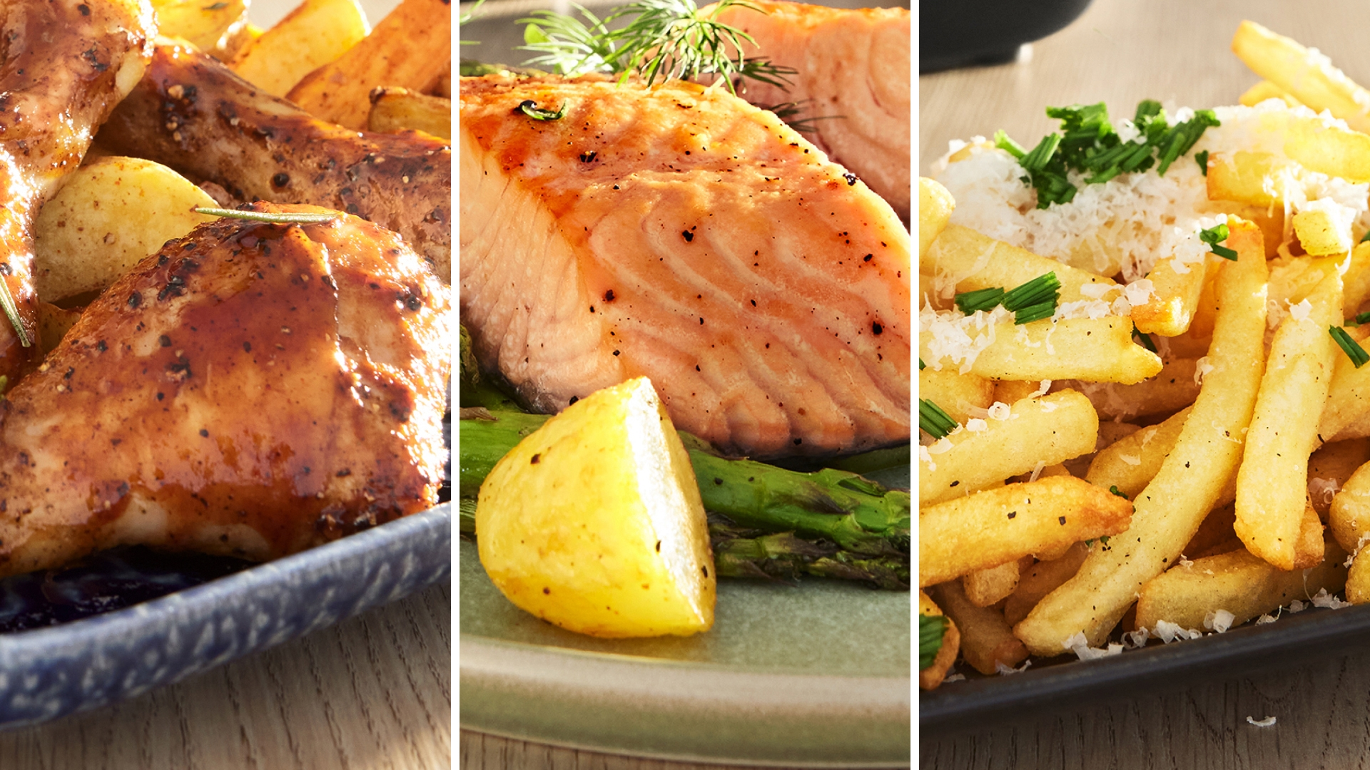 Eine Collage aus drei Gerichten: Glasierte Hähnchenteile mit Kartoffeln, Lachs mit Spargel, Pommes.
