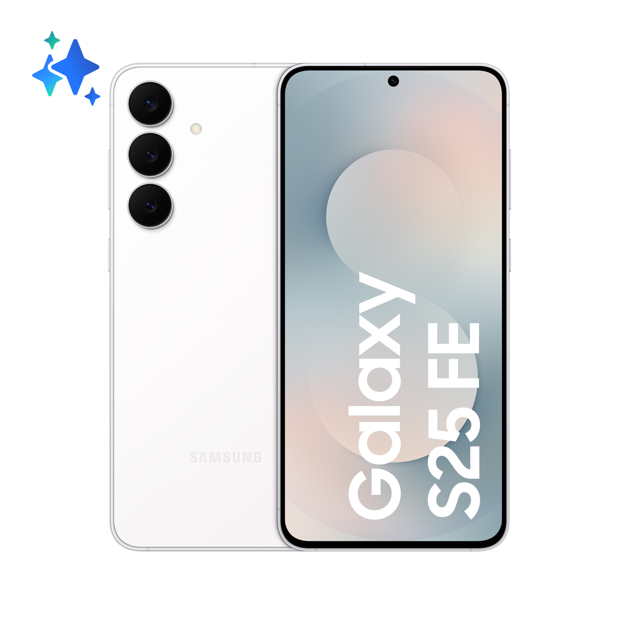 Biały smartfon Samsung Galaxy S25 FE z trzema aparatami z tyłu.