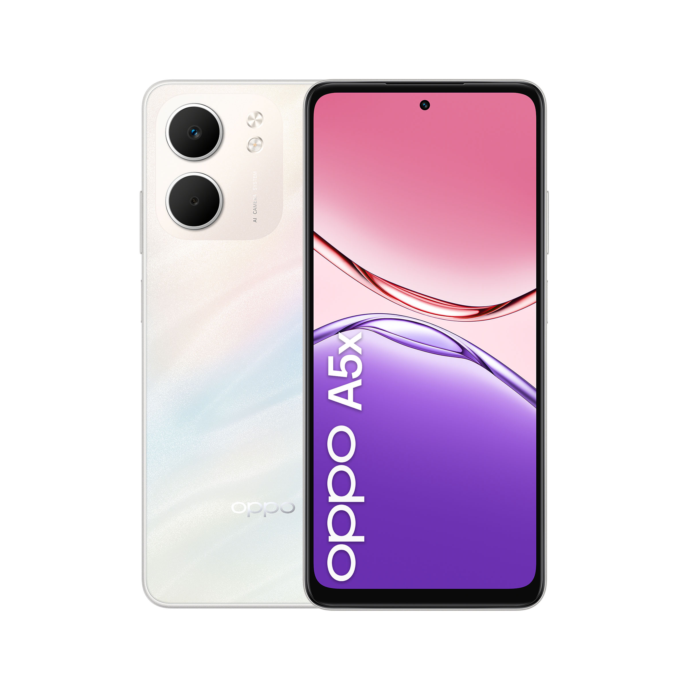 Biały smartfon Oppo A5x z dwoma aparatami z tyłu.