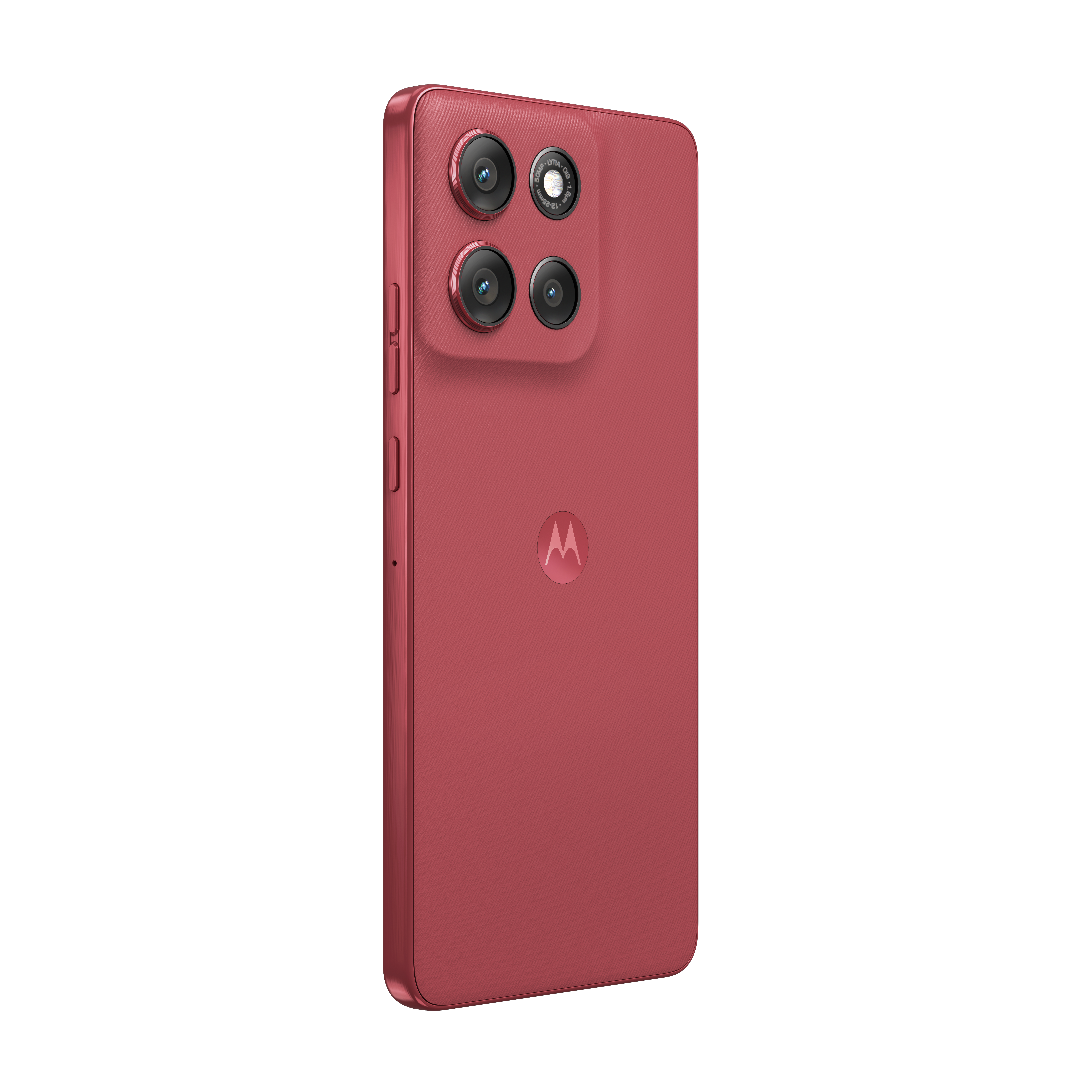 Czerwony smartfon z czterema aparatami i logo Motoroli na białym tle.