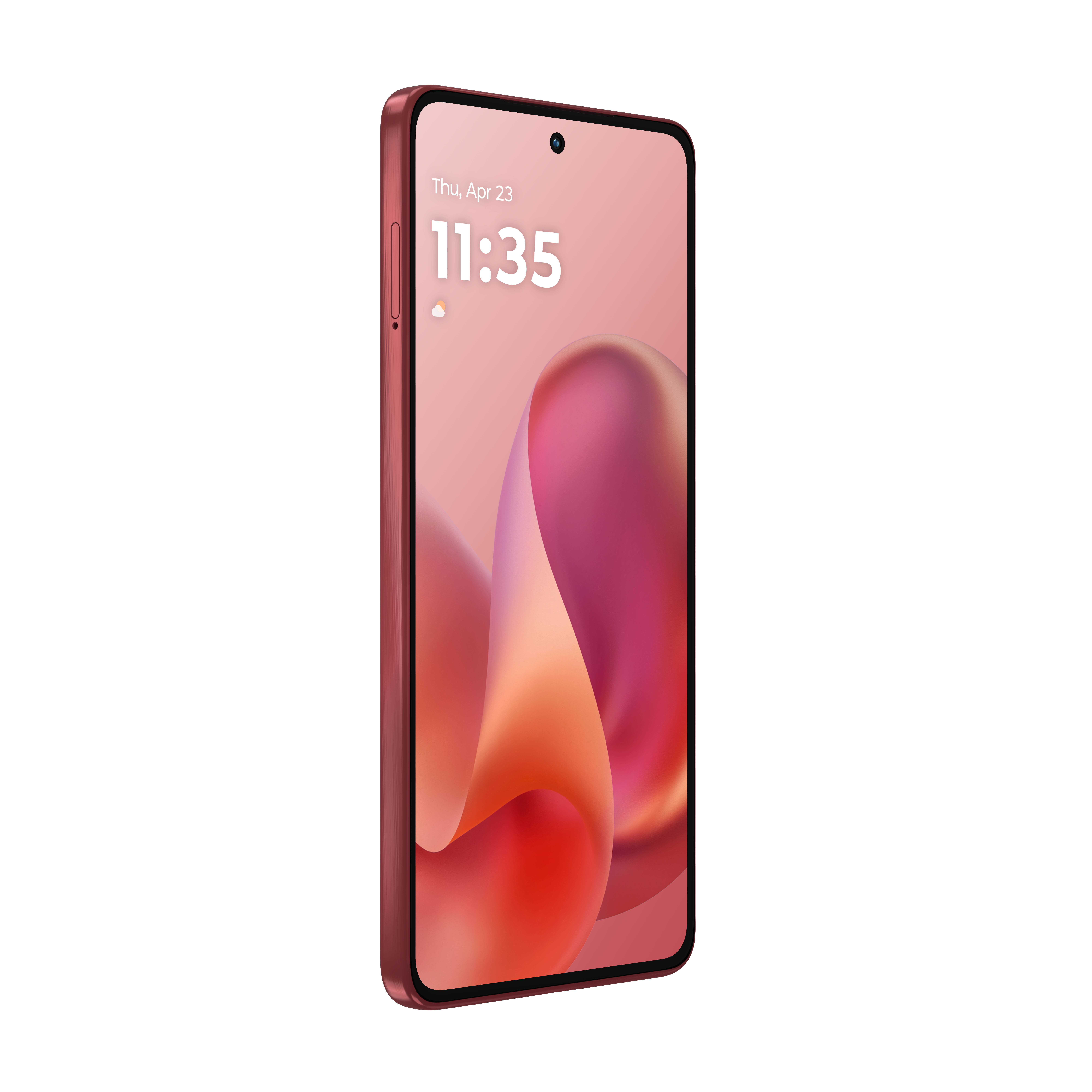 Czerwony smartfon z abstrakcyjną tapetą z gradientem na ekranie.