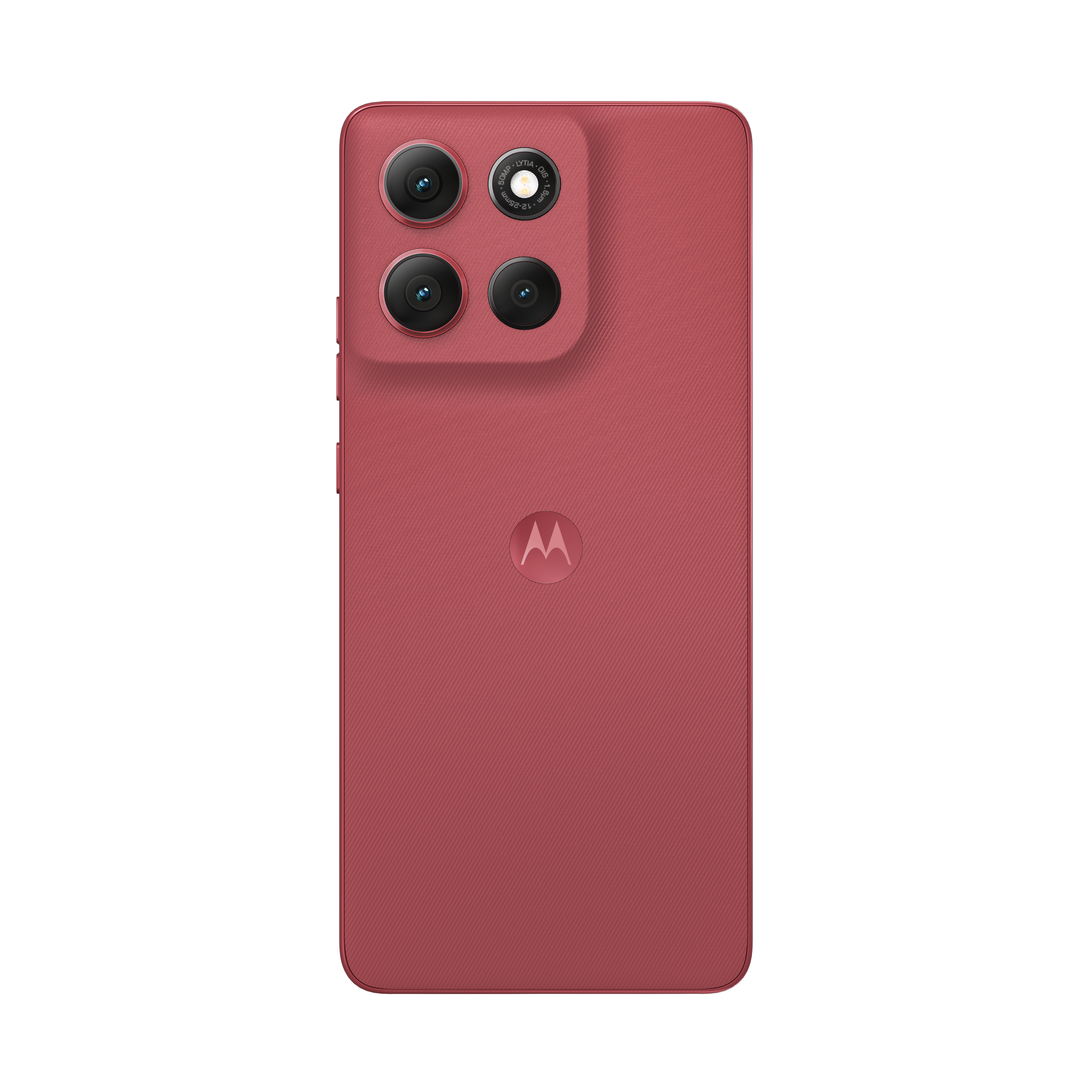Tył czerwonego smartfona z trzema aparatami i logo Motorola.