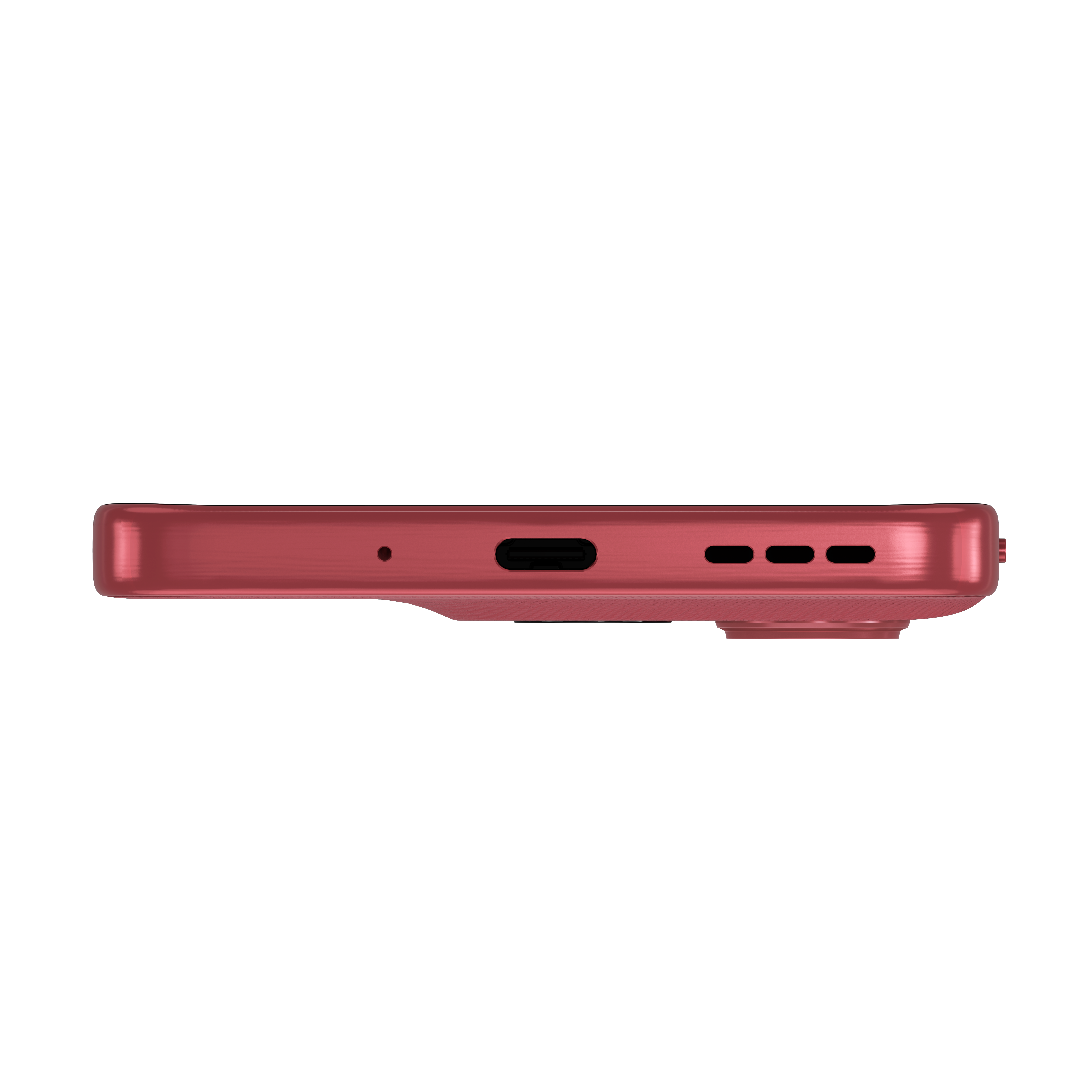 Zbliżenie boku czerwonego smartfona, pokazujące port USB-C i grille głośnikowe.