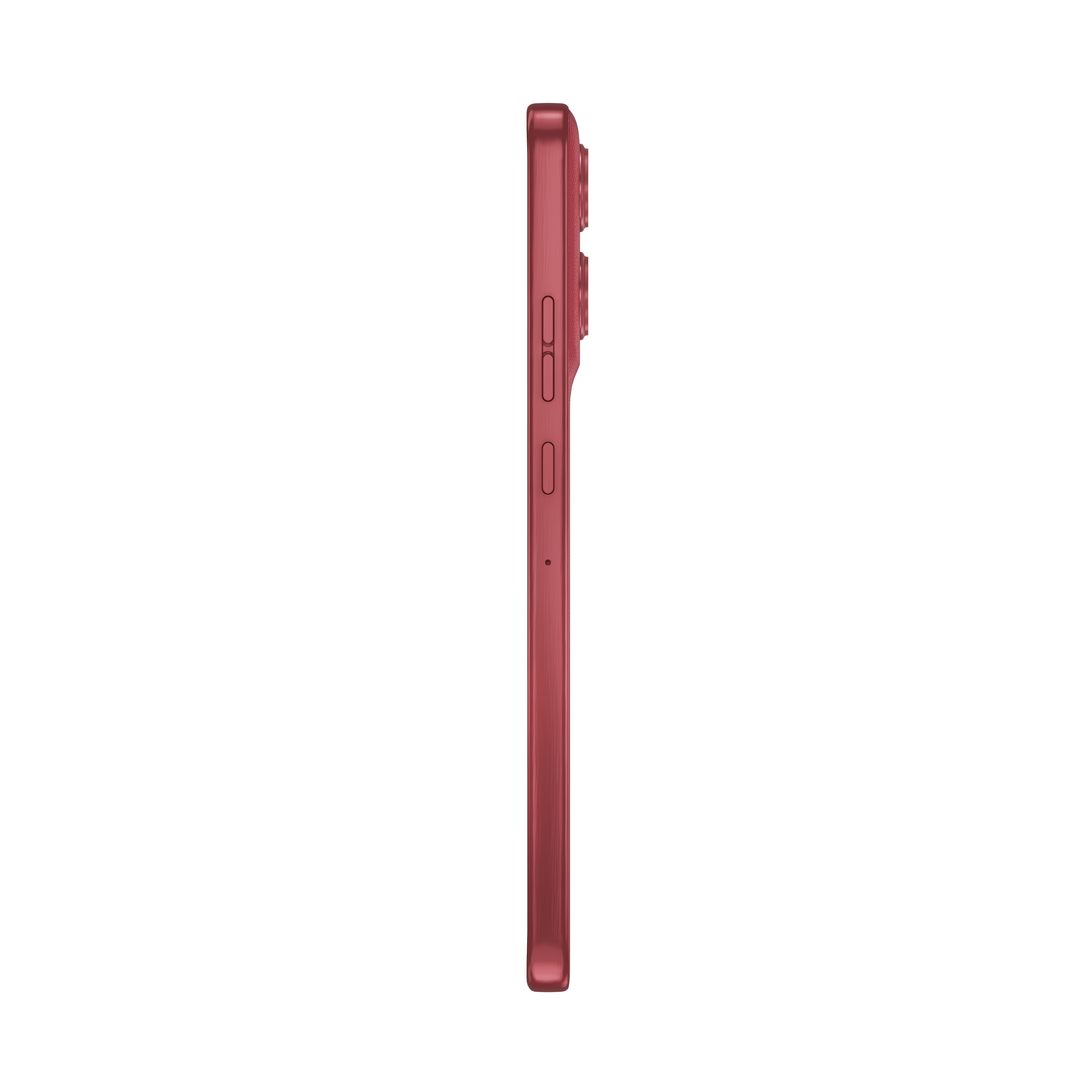 Czerwony smartfon w profilu z przyciskami po lewej stronie.