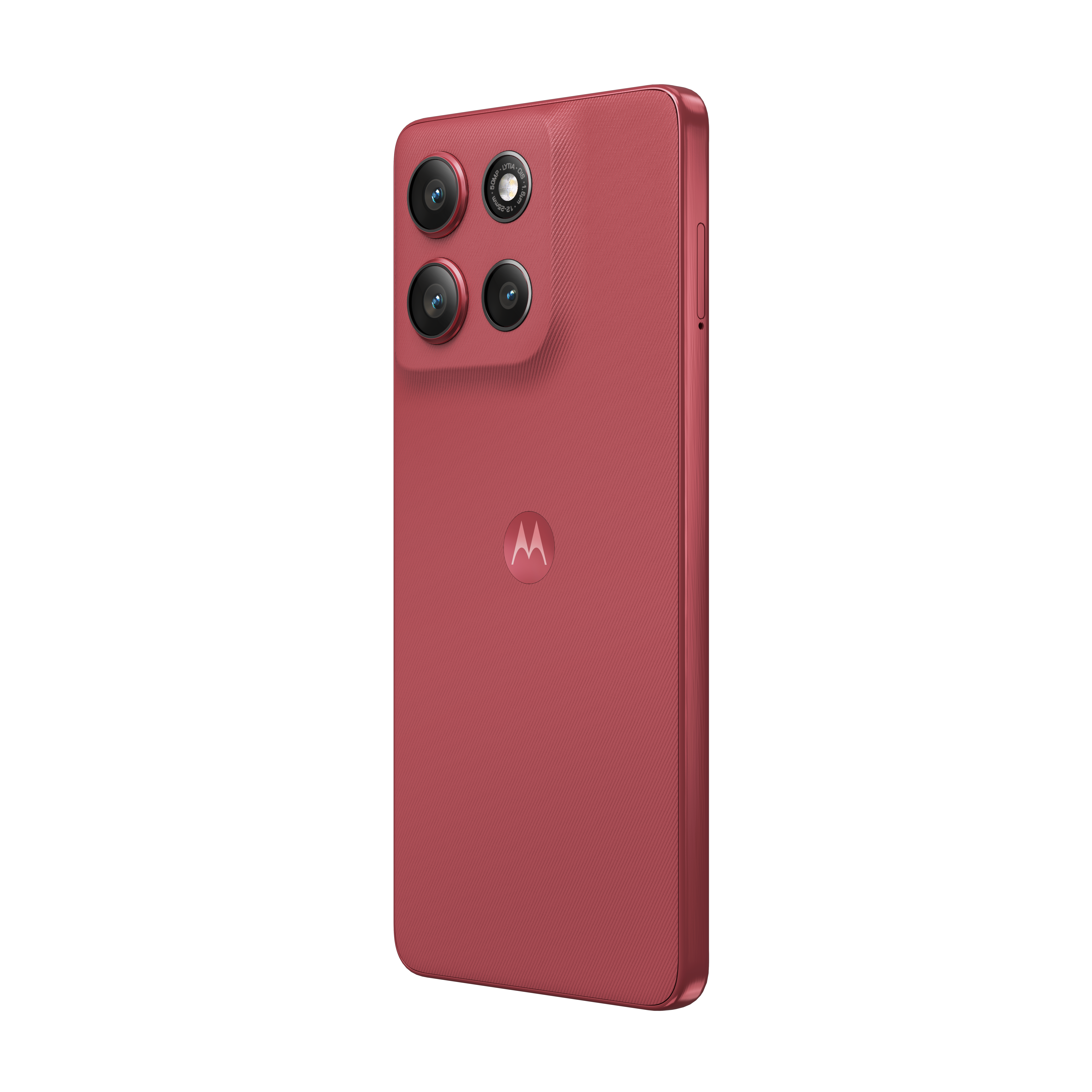 Czerwony smartfon z trzema aparatami i logo Motoroli na białym tle.
