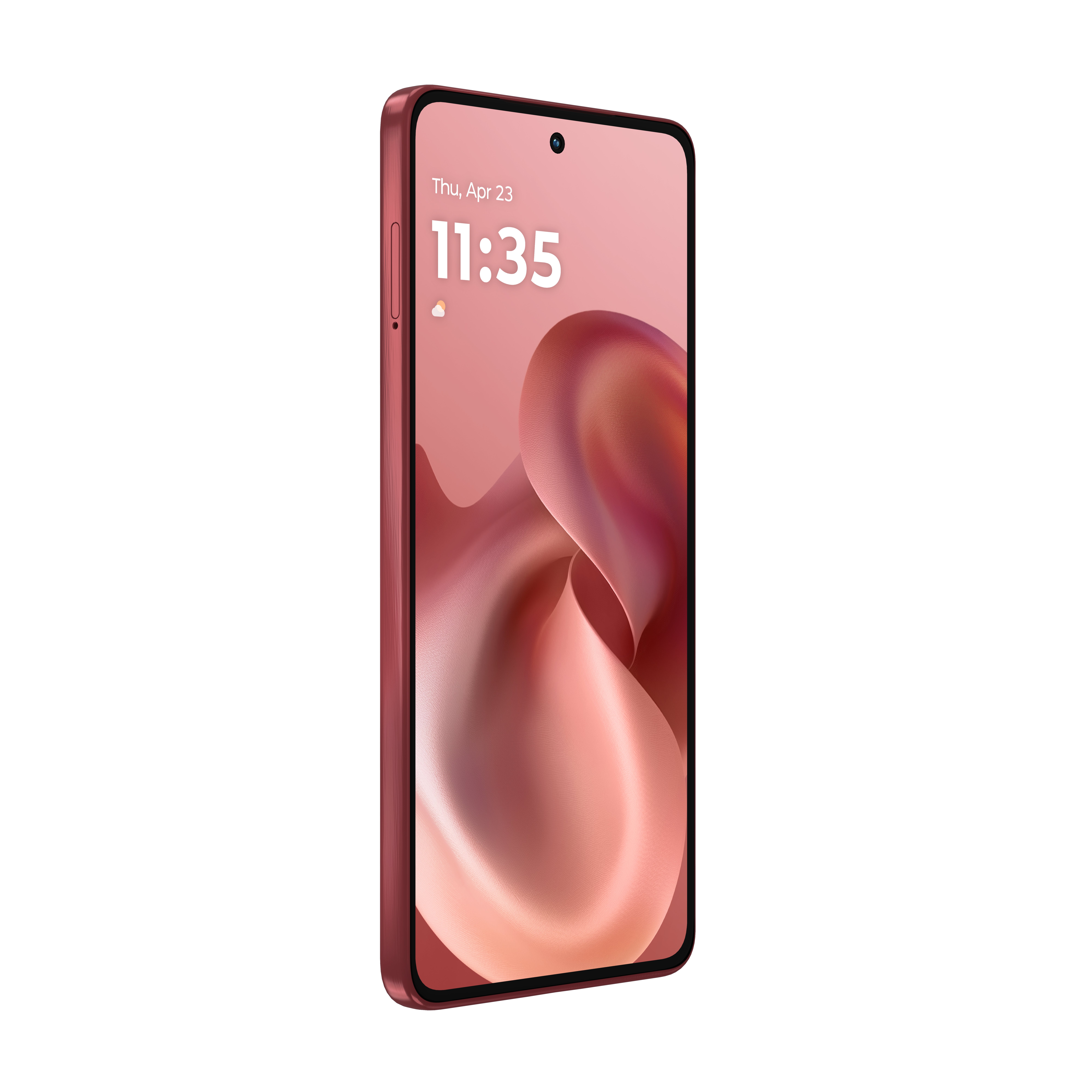 Czerwony smartfon wyświetla 11:35 z kolorową tapetą na białym tle.