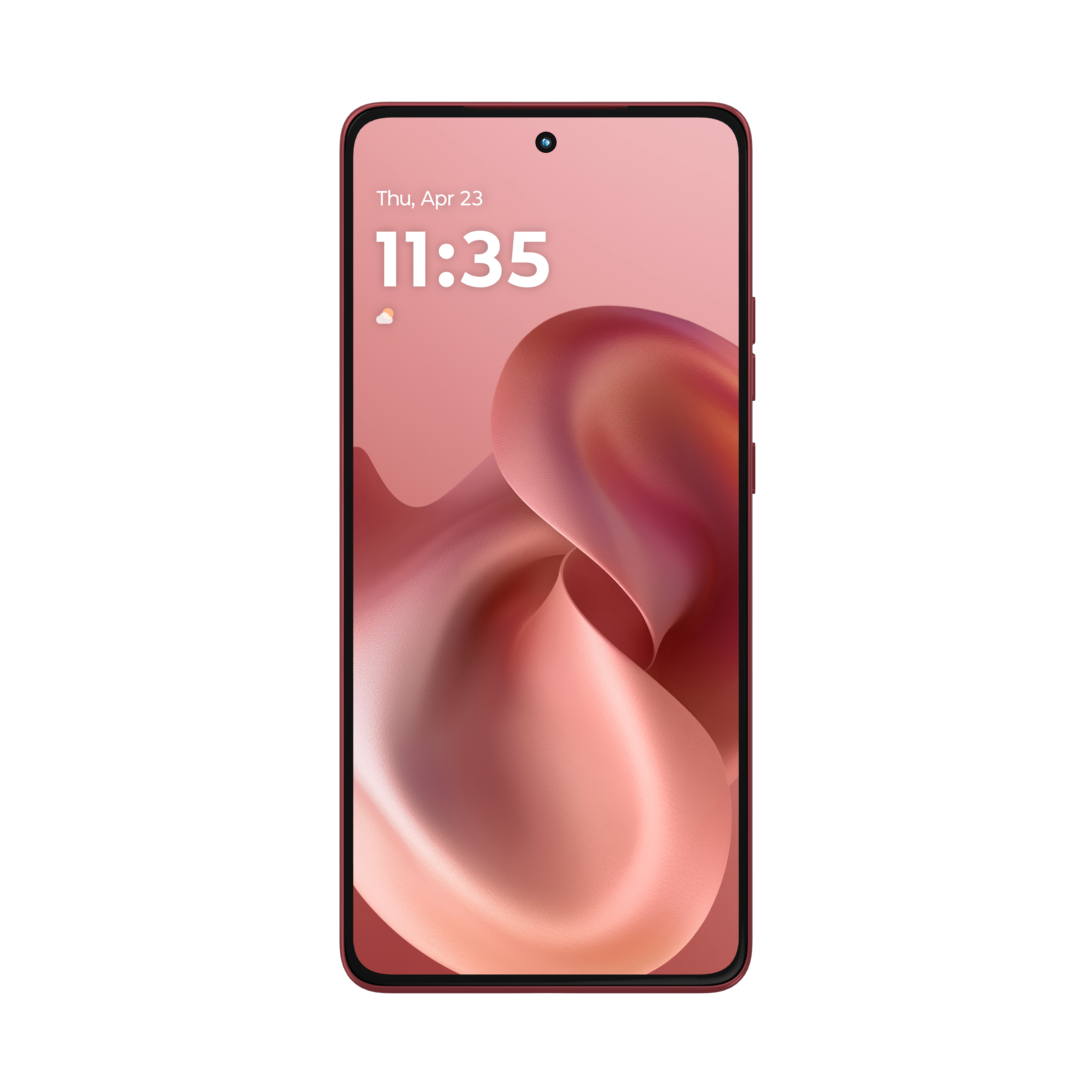 Czerwony smartfon z godziną 11:35 i abstrakcyjnym tłem.