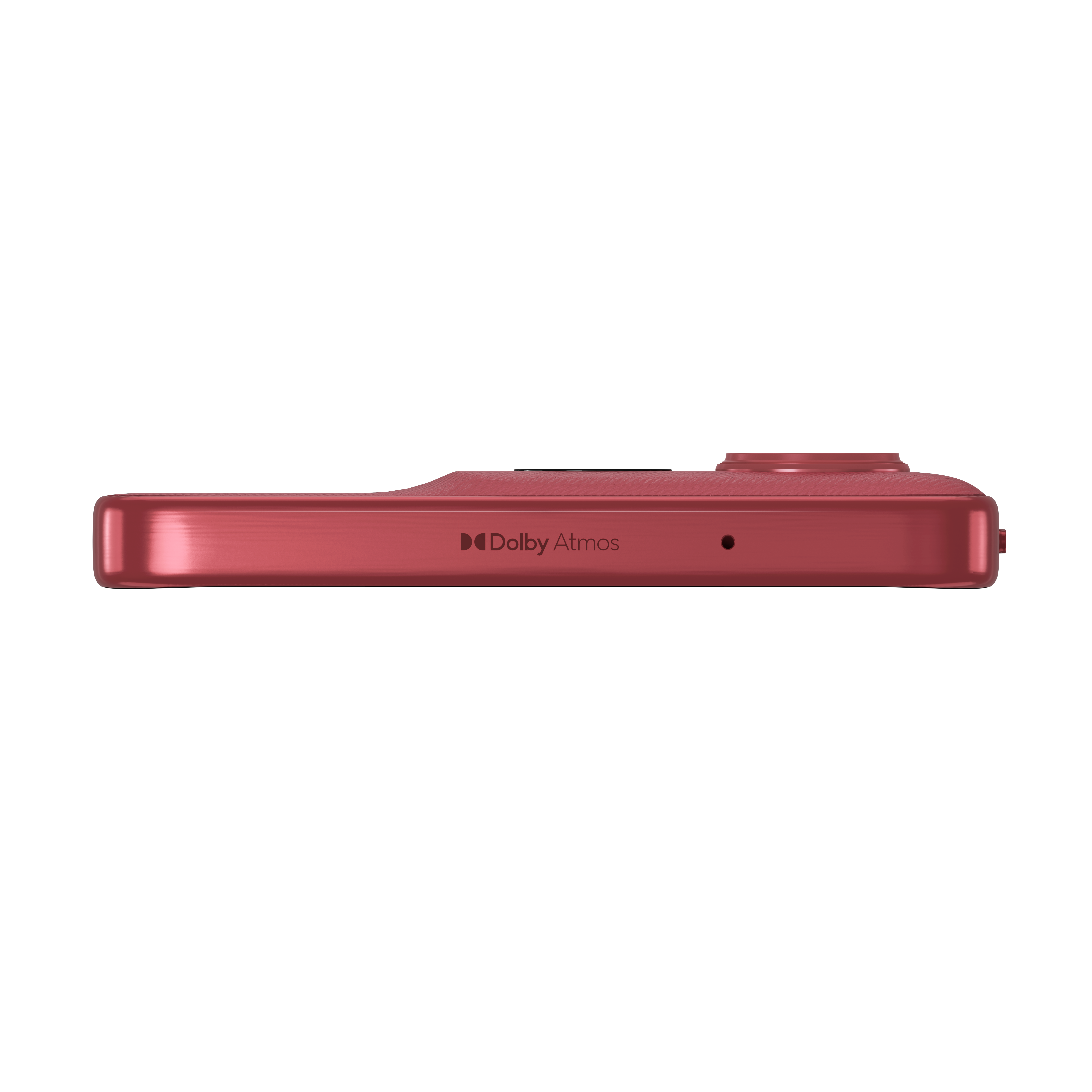 Czerwony smartfon z logo Dolby Atmos, widok z boku.
