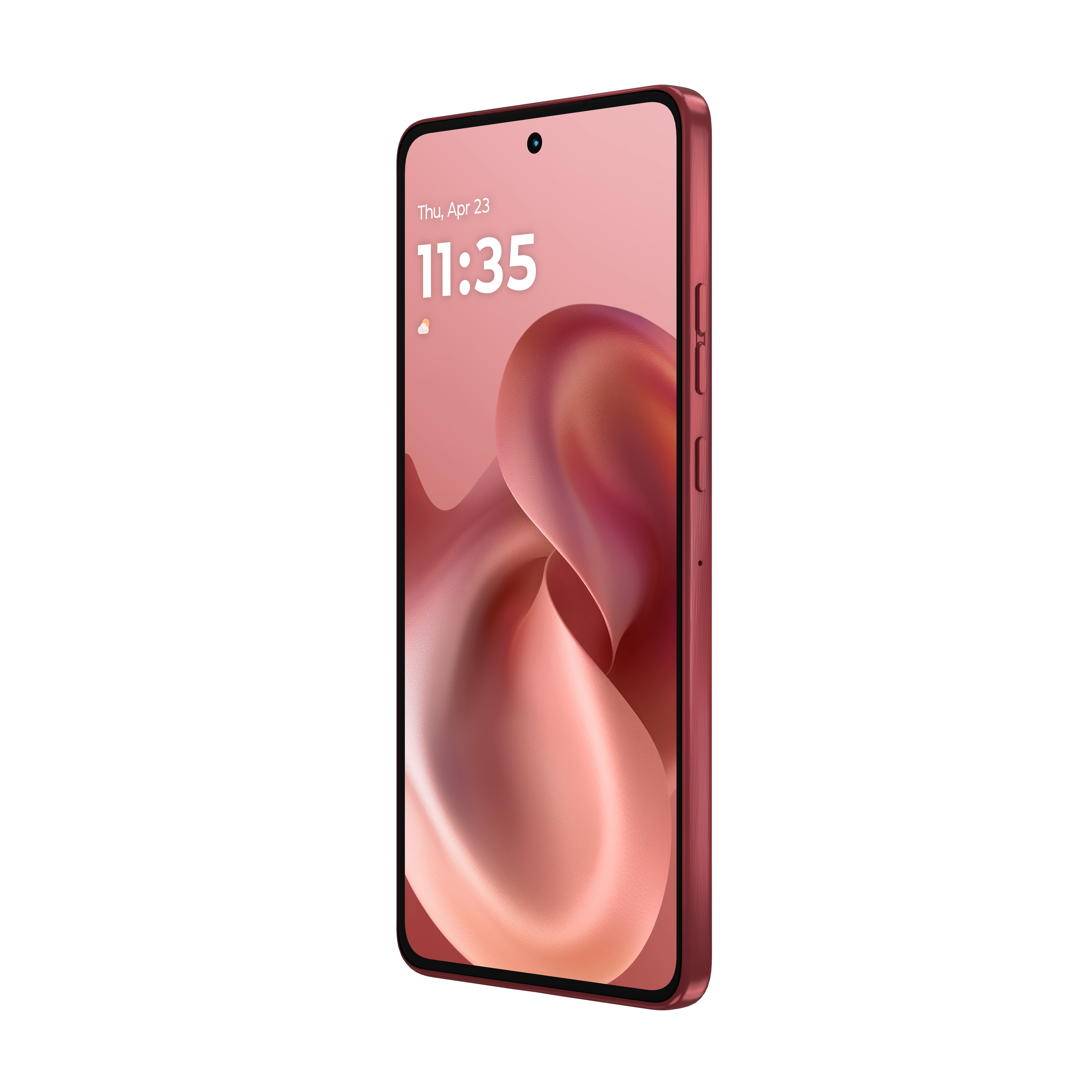Czerwony smartfon z abstrakcyjnym tłem na ekranie.