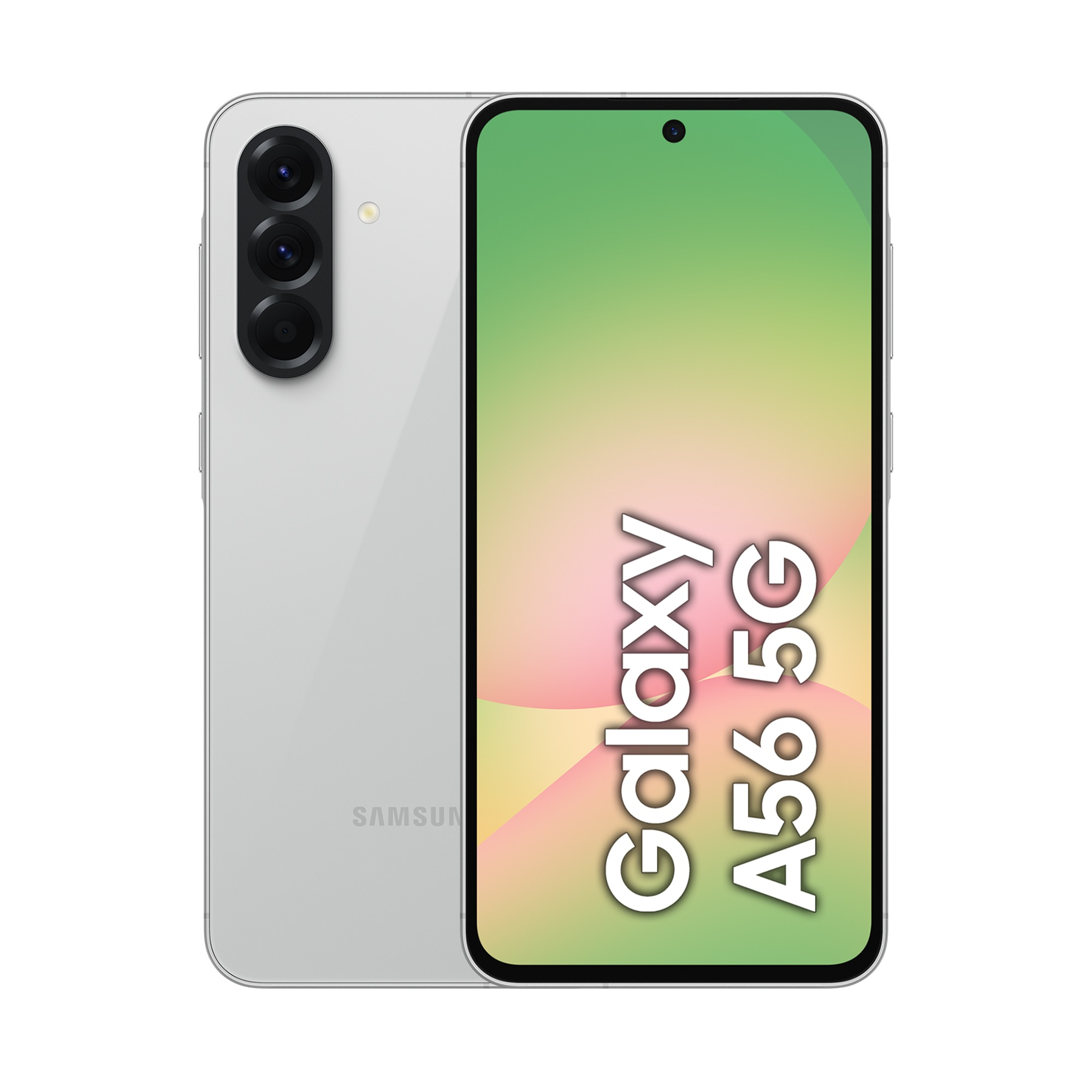 Biały smartfon Samsung Galaxy A56 5G z trzema tylnymi aparatami.