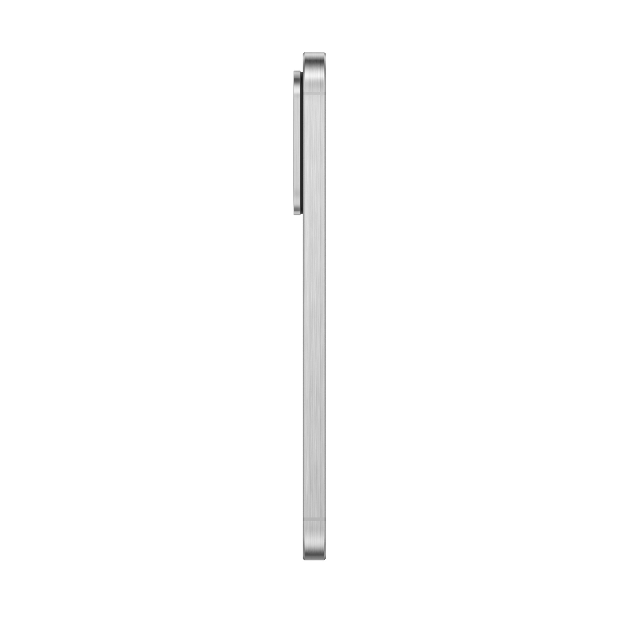 Smukły, srebrny smartfon, widziany z boku z wykończeniem ze szczotkowanego metalu.