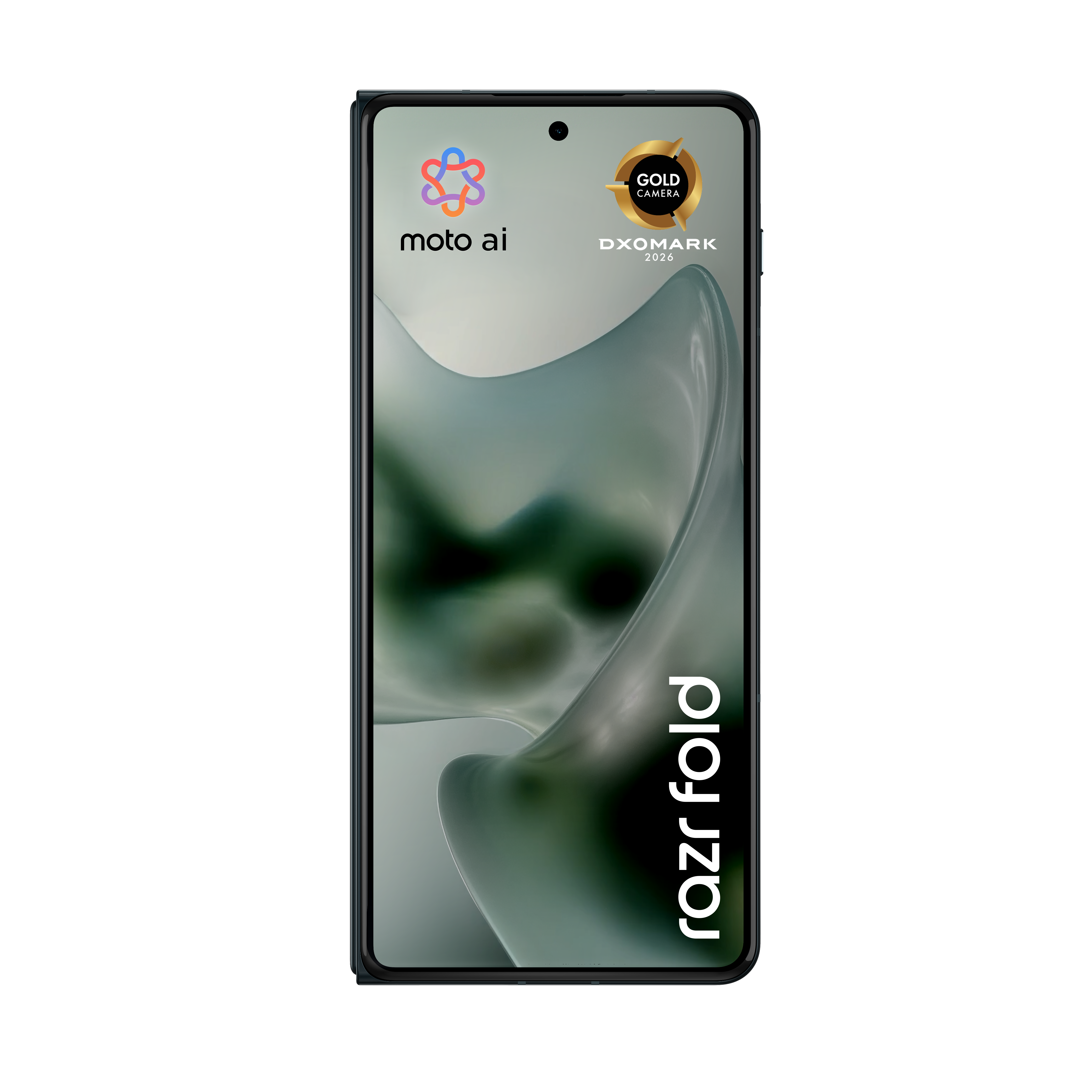 Zamknięty składany smartfon z logo moto ai i DXOMARK GOLD CAMERA.