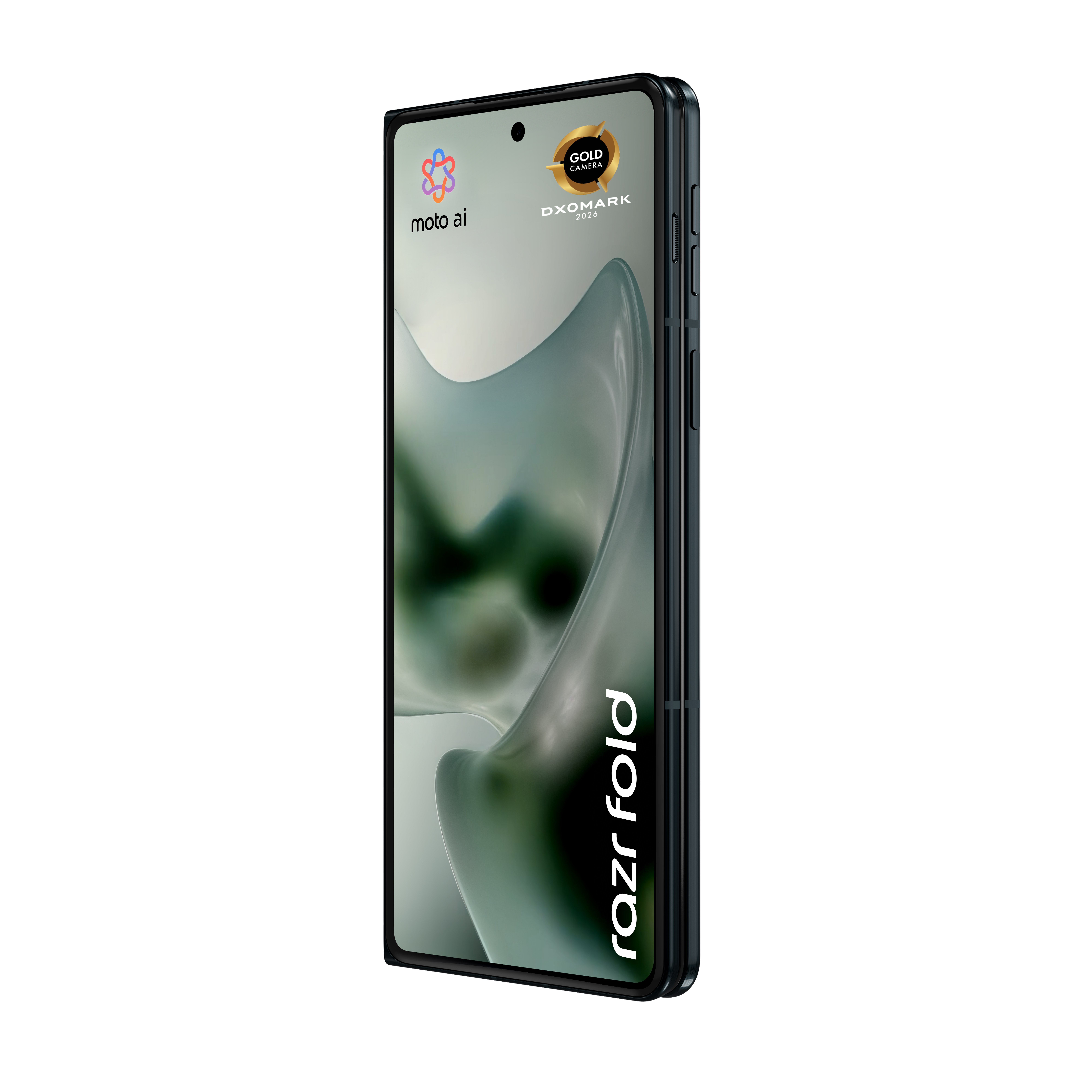 Zamknięty składany smartfon z Moto AI i pieczęcią DXOMARK Gold Camera.