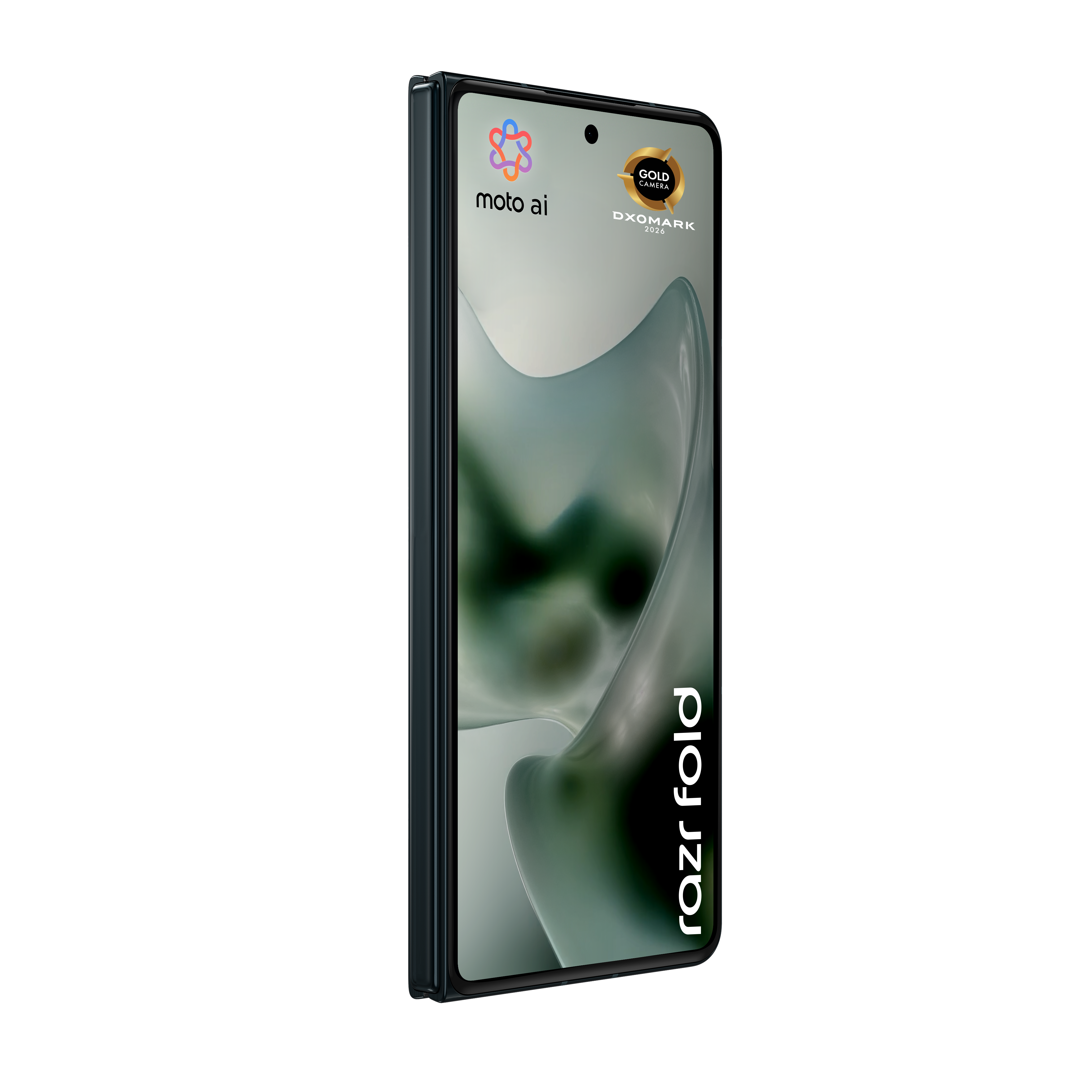 Zamknięty składany smartfon z logo "moto ai" i "razer fold".