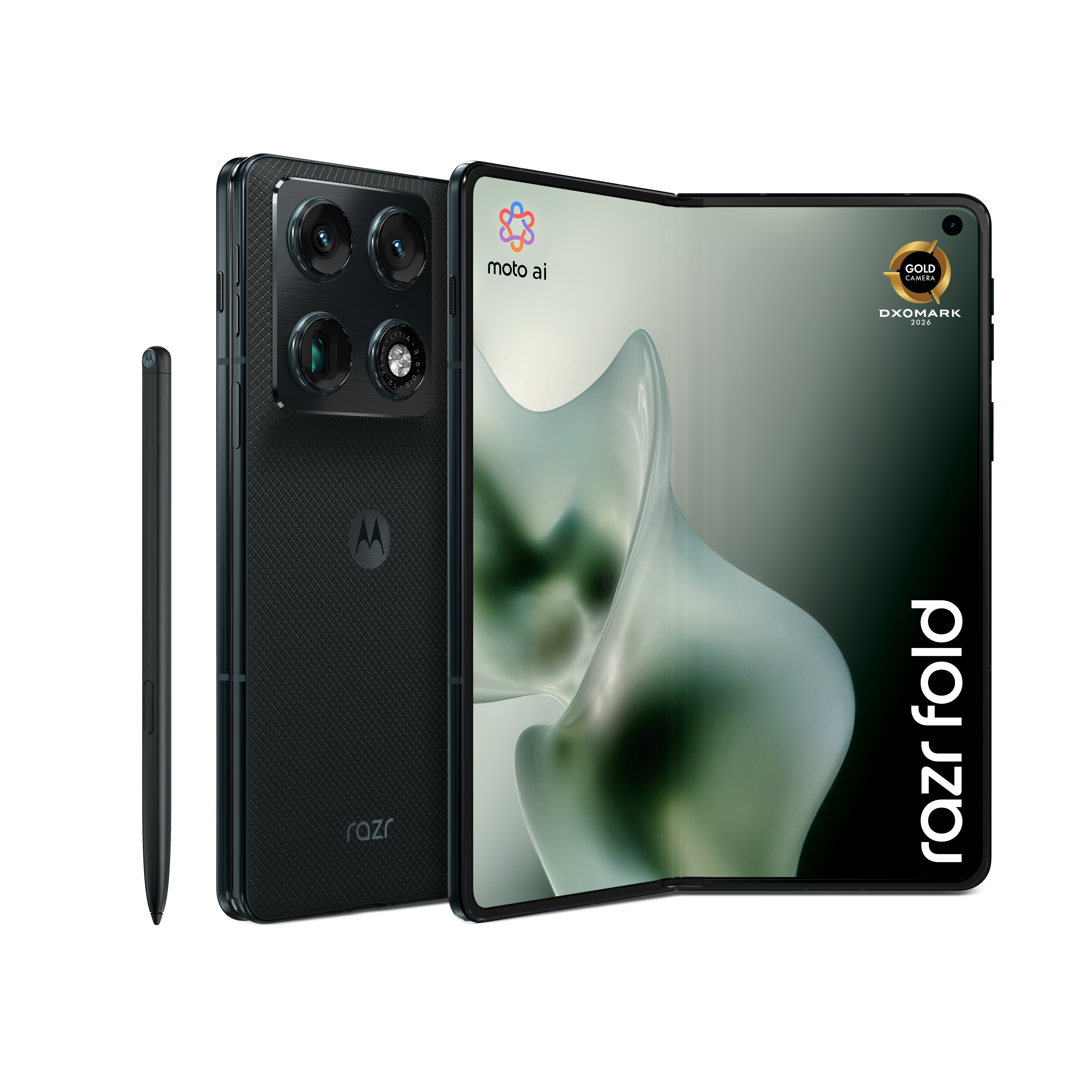 Czarny składany telefon Motorola Razr ze stylusem i logo DXOMARK.