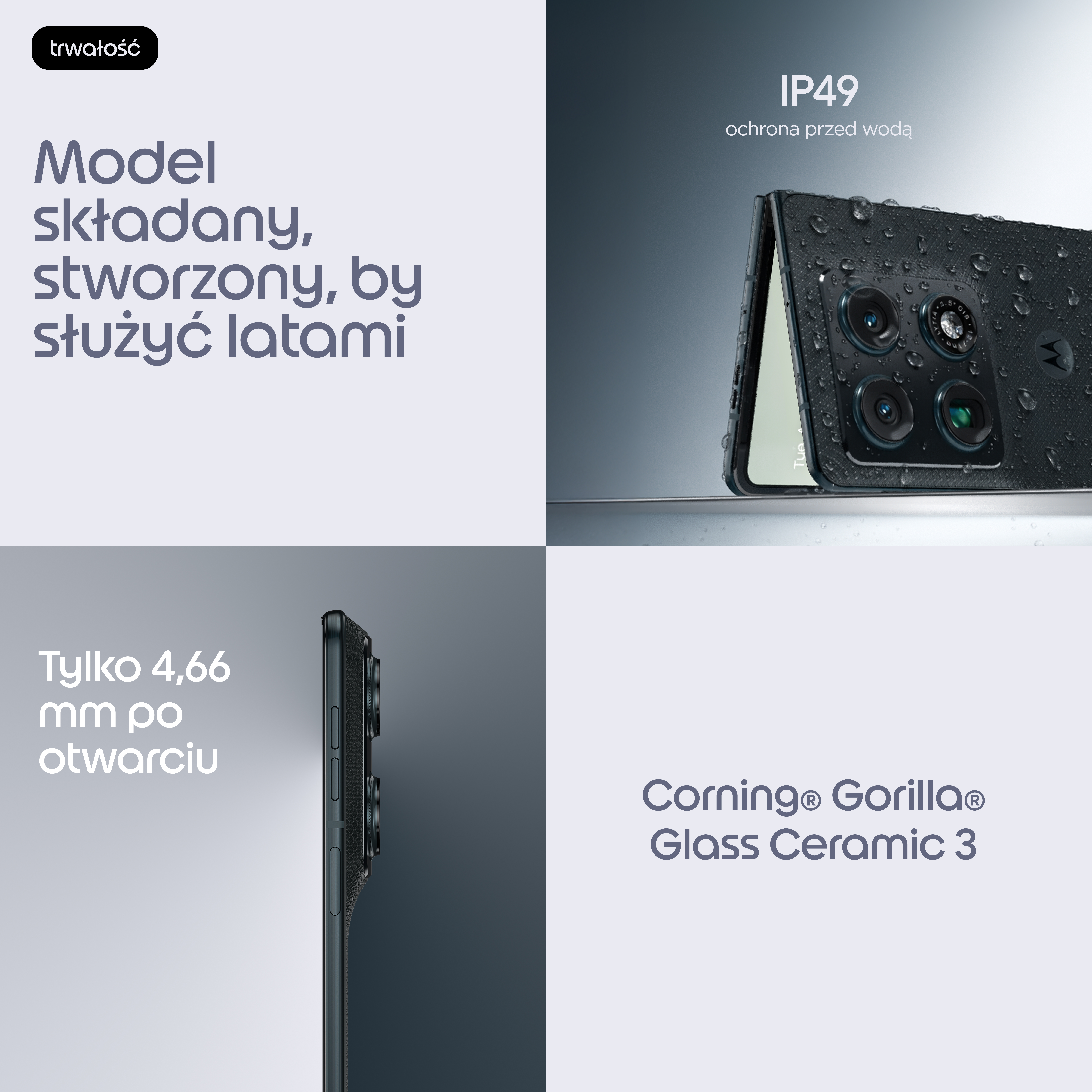 Składany telefon z ochroną wodoodporną IP49. 4,66 mm grubości. Szkło Corning Gorilla Ceramic 3.