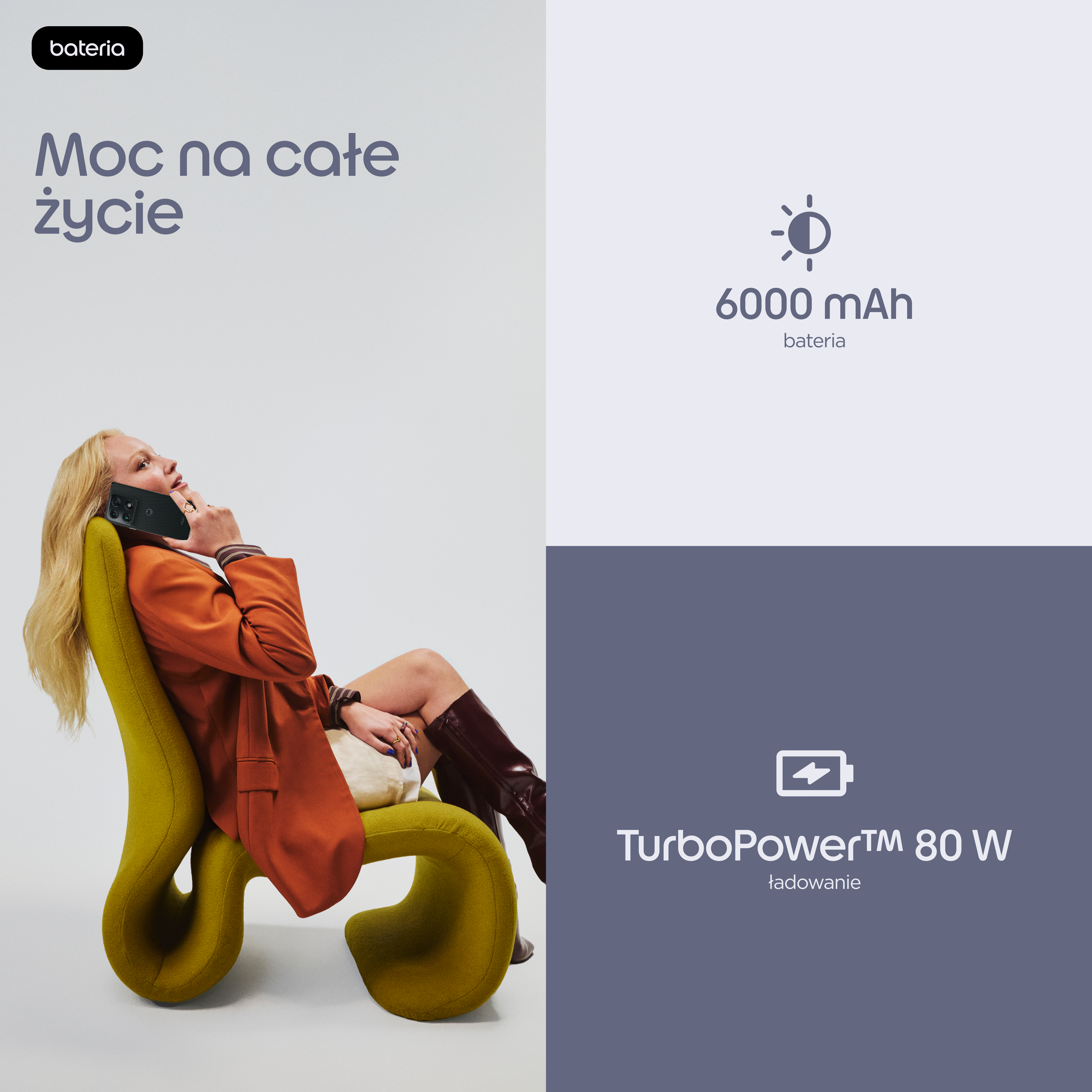 Kobieta na żółto-zielonym krześle z telefonem. Bateria 6000 mAh, TurboPower 80W.