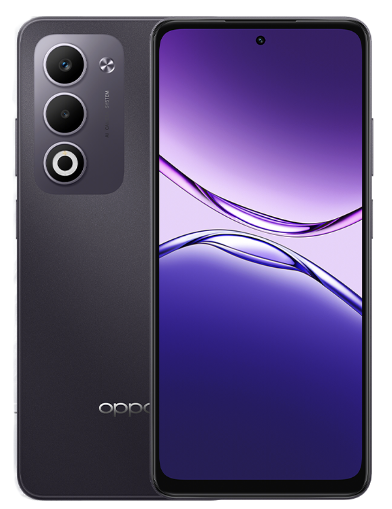 Ciemnoszary smartfon z trzema tylnymi aparatami i fioletowym ekranem.