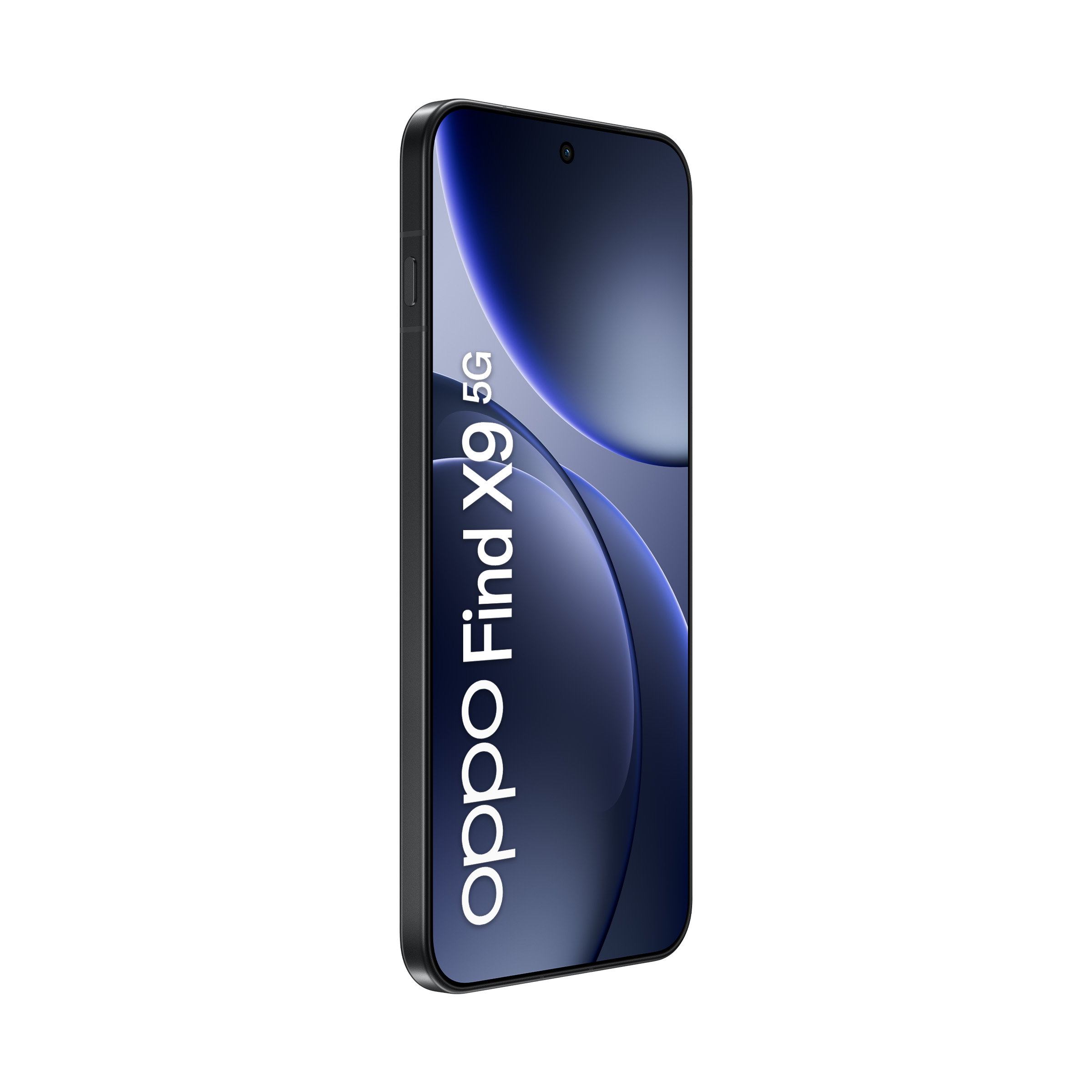 Czarny smartfon OPPO Find X9 5G na abstrakcyjnym niebieskim tle.