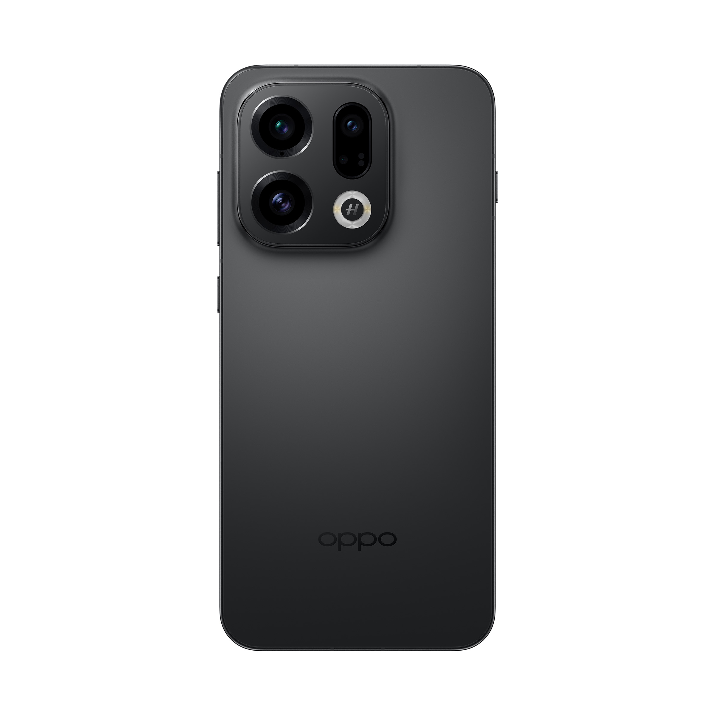 Tył czarnego smartfona z potrójnym aparatem i logo OPPO.