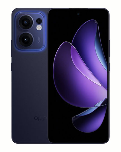 Niebieski smartfon z wyrazistym modułem aparatu i fioletową tapetą.