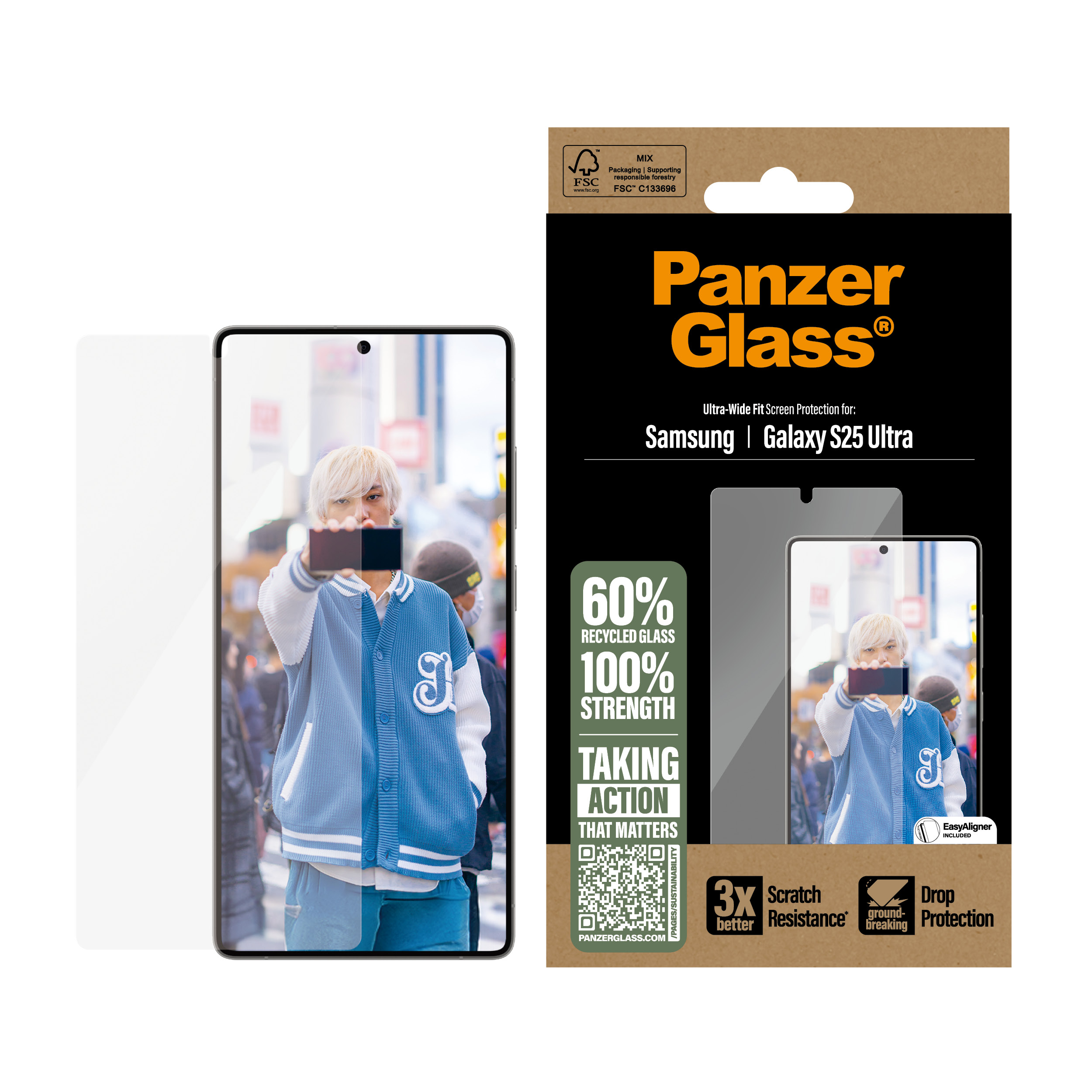Verpackung für Panzer Glass Displayschutzfolie für Samsung Galaxy S25 Ultra mit QR-Code.