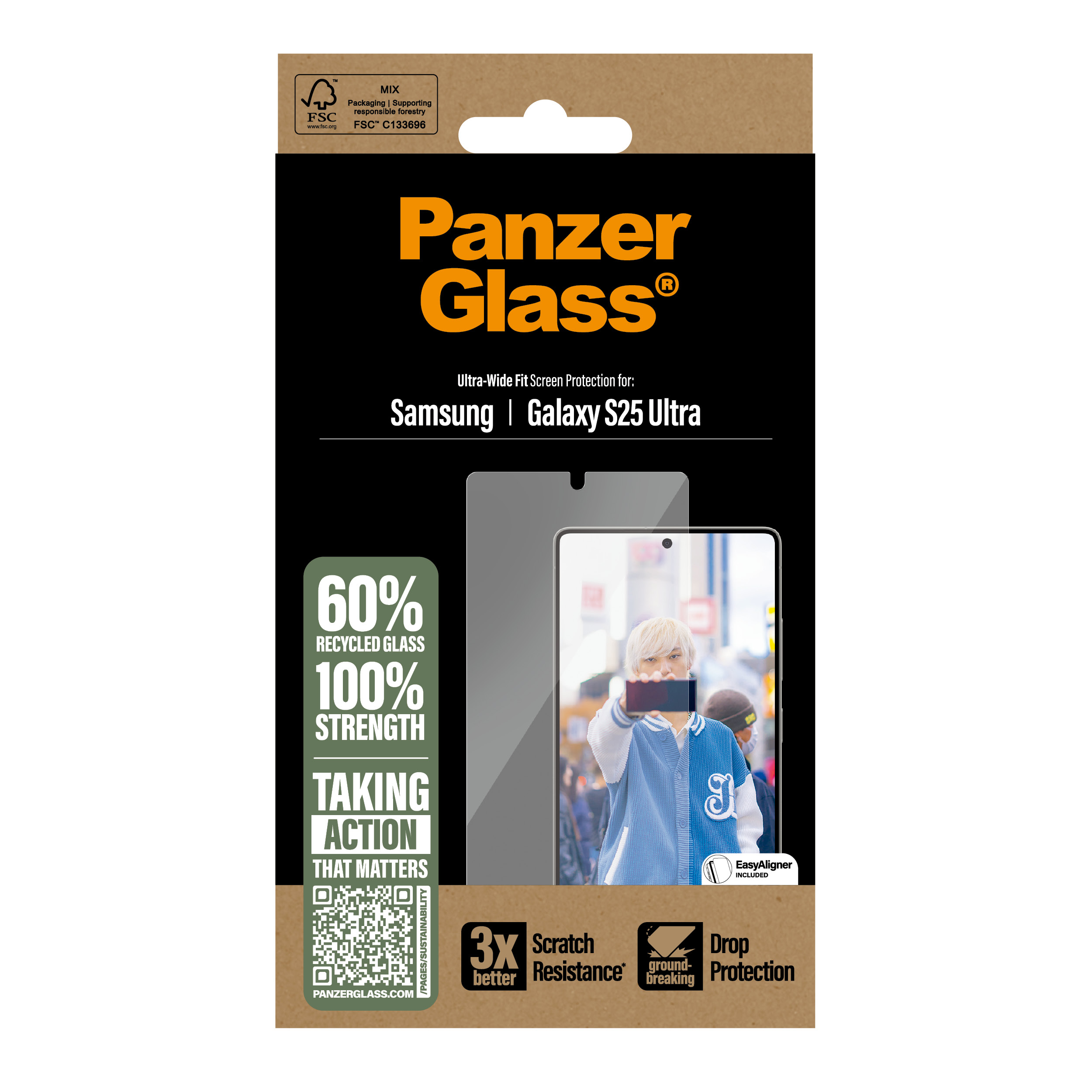 Verpackung für Panzer Glass Displayschutz für Samsung Galaxy S25 Ultra mit QR-Code.