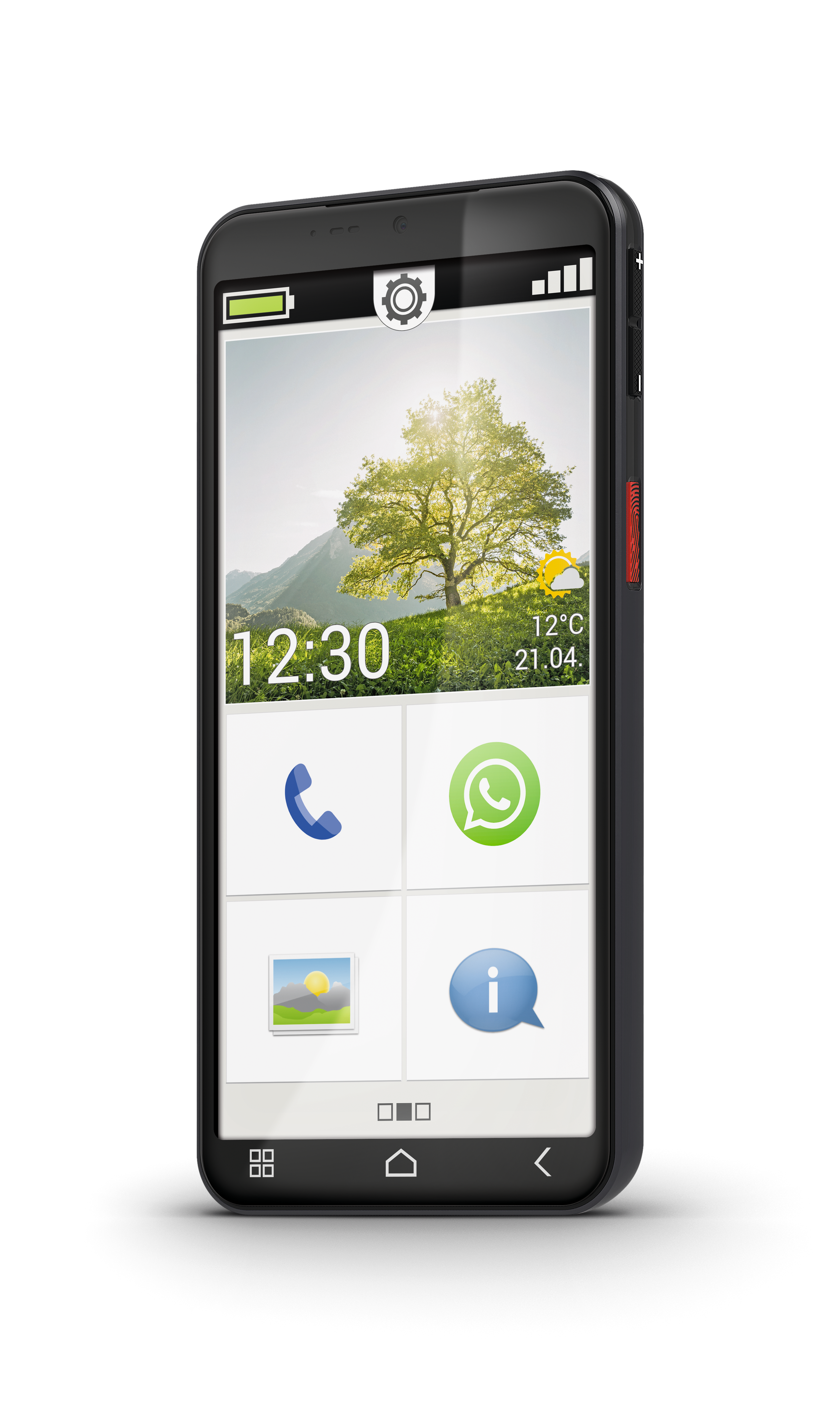 Ein Smartphone zeigt 12:30 an. Es hat Apps für Telefon, WhatsApp, Galerie und Info.