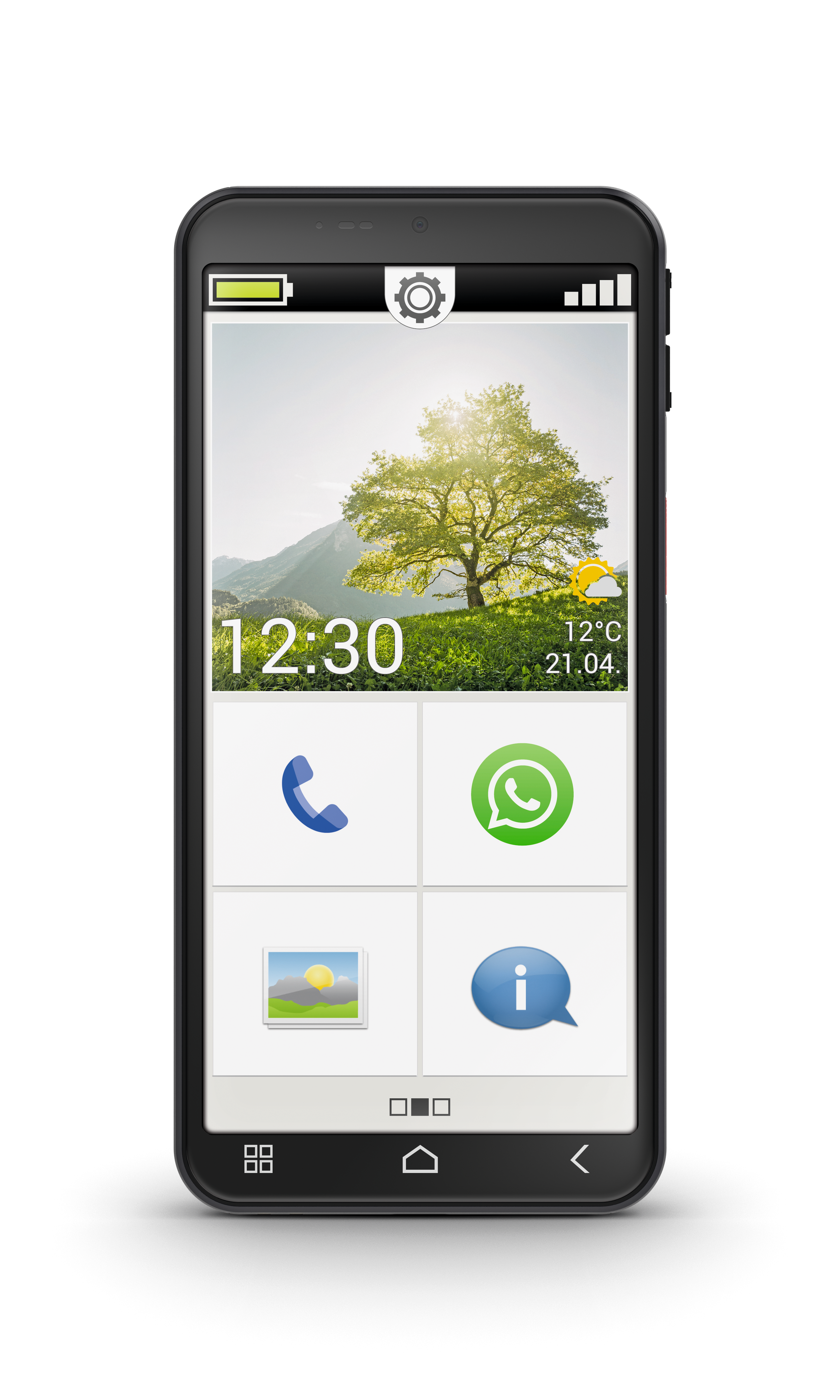 Smartphone mit Landschaftstapete, Uhrzeit 12:30, Wetter 12°C, Icons für Telefon, WhatsApp, Galerie, Info.