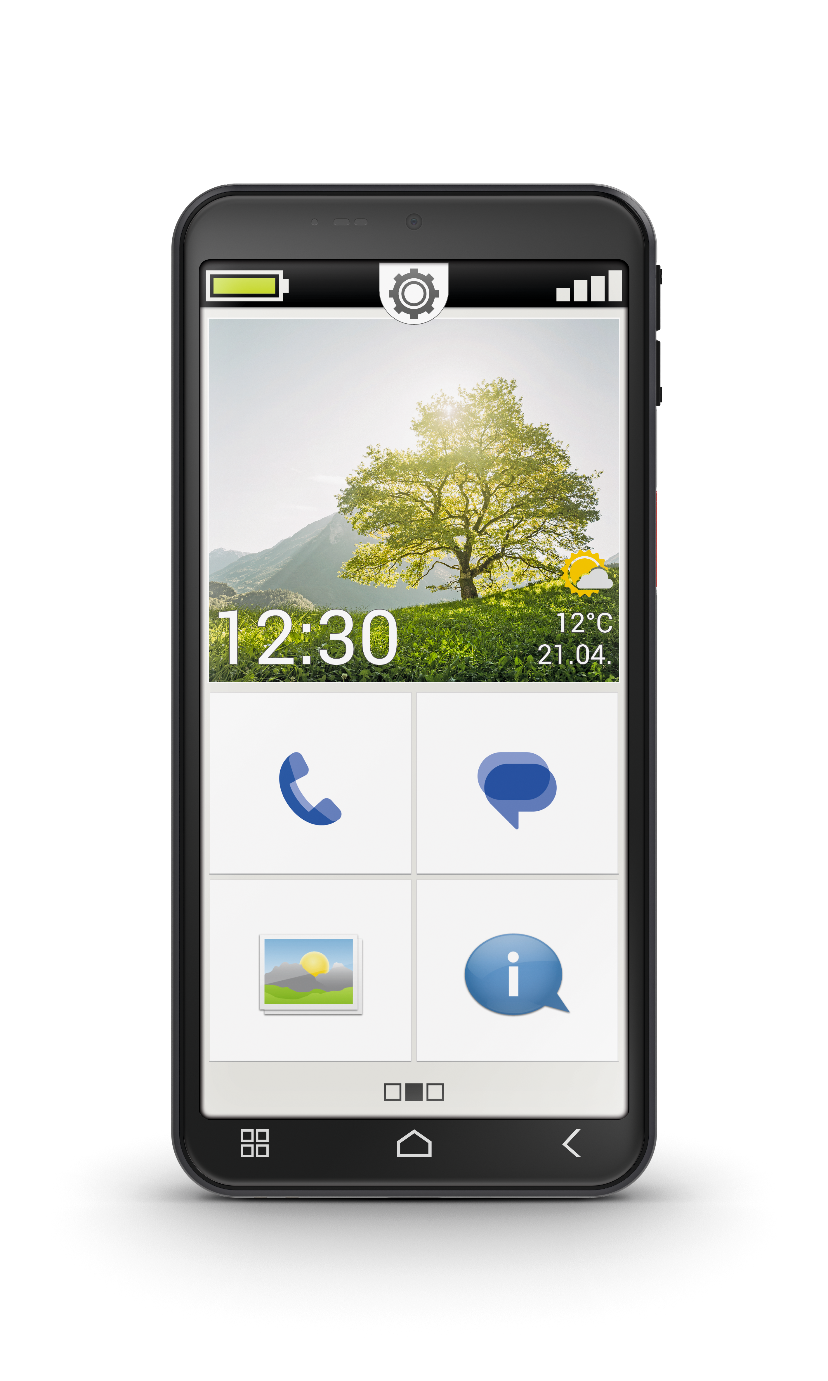 Ein Smartphone zeigt den Sperrbildschirm mit einer Berglandschaft, Uhrzeit 12:30, Wetter 12°C und Icons.
