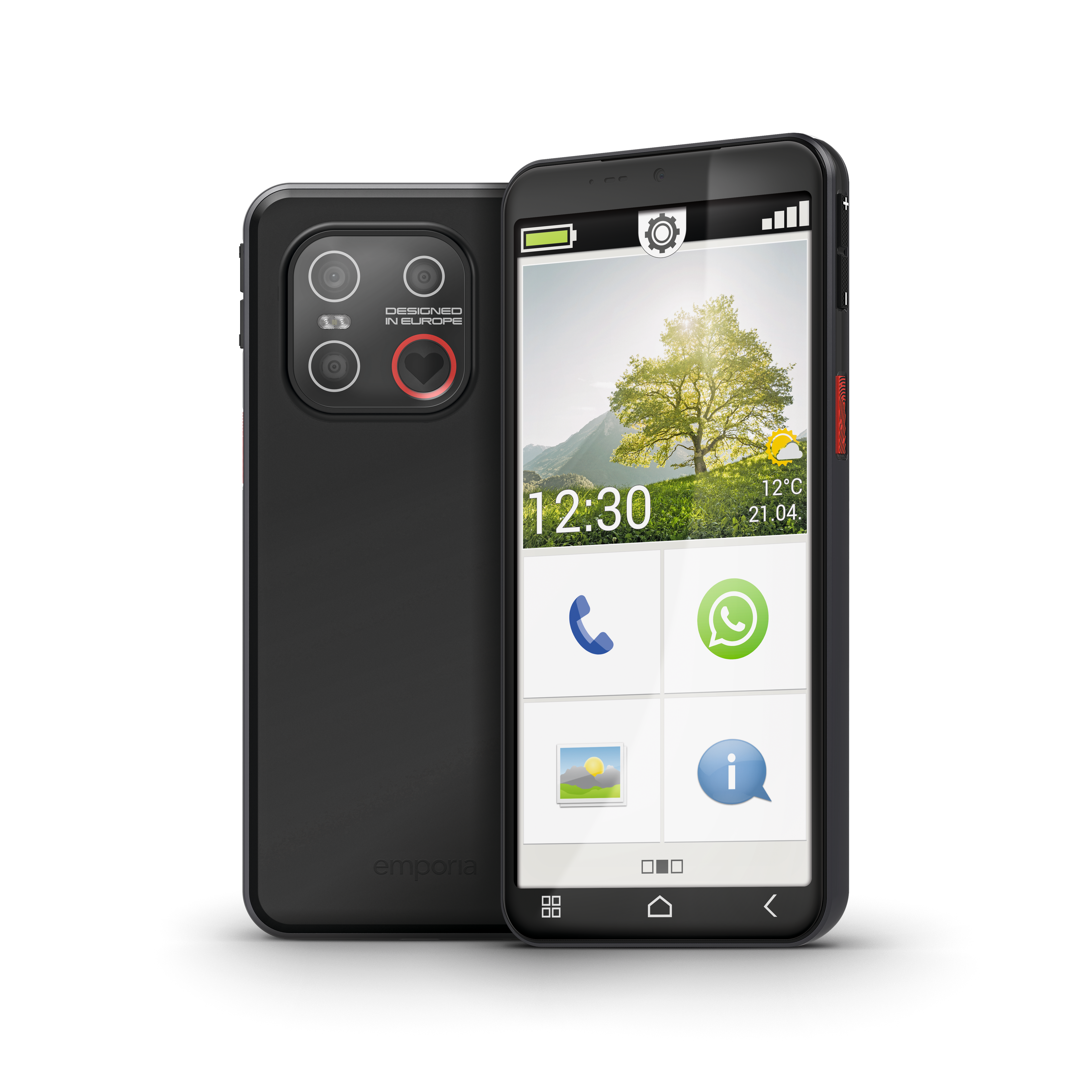 Ein schwarzes Smartphone mit Kamera auf der Rückseite und großem Bildschirm, der die Uhrzeit, das Wetter und App-Symbole anzeigt.