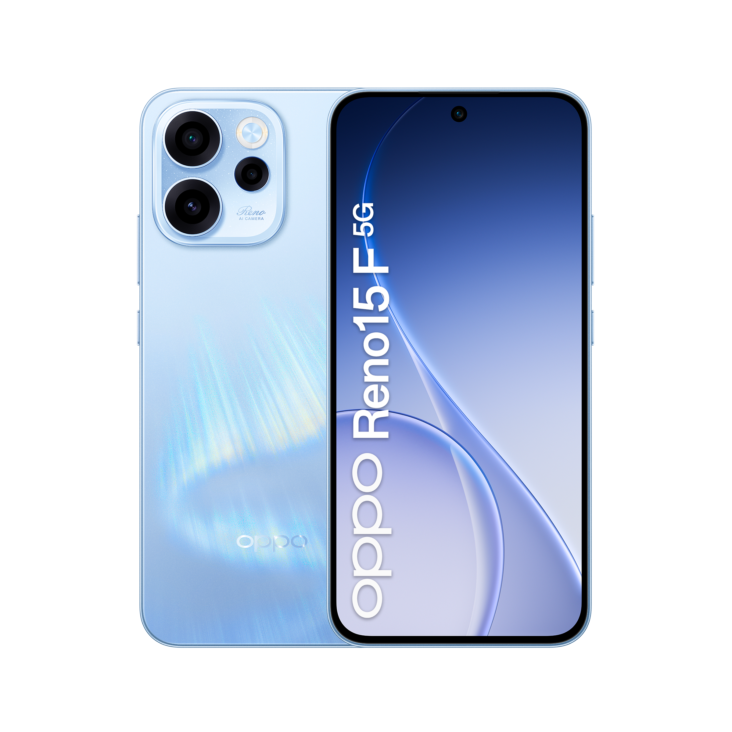 Ein hellblaues OPPO Reno15 5G Smartphone mit Dreifachkamera auf schwarzem Hintergrund.