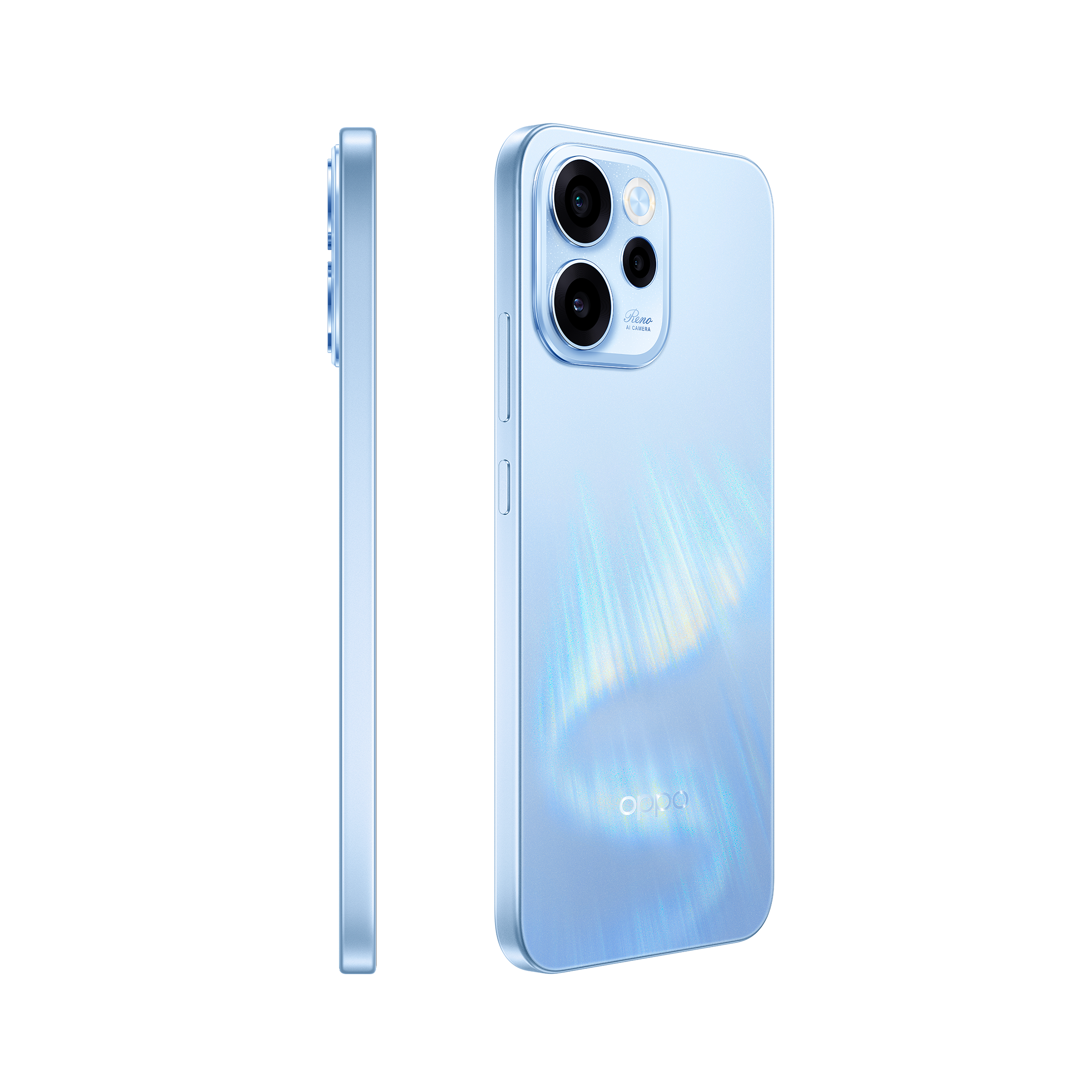 Ein hellblaues Smartphone mit drei Kameras auf der Rückseite.