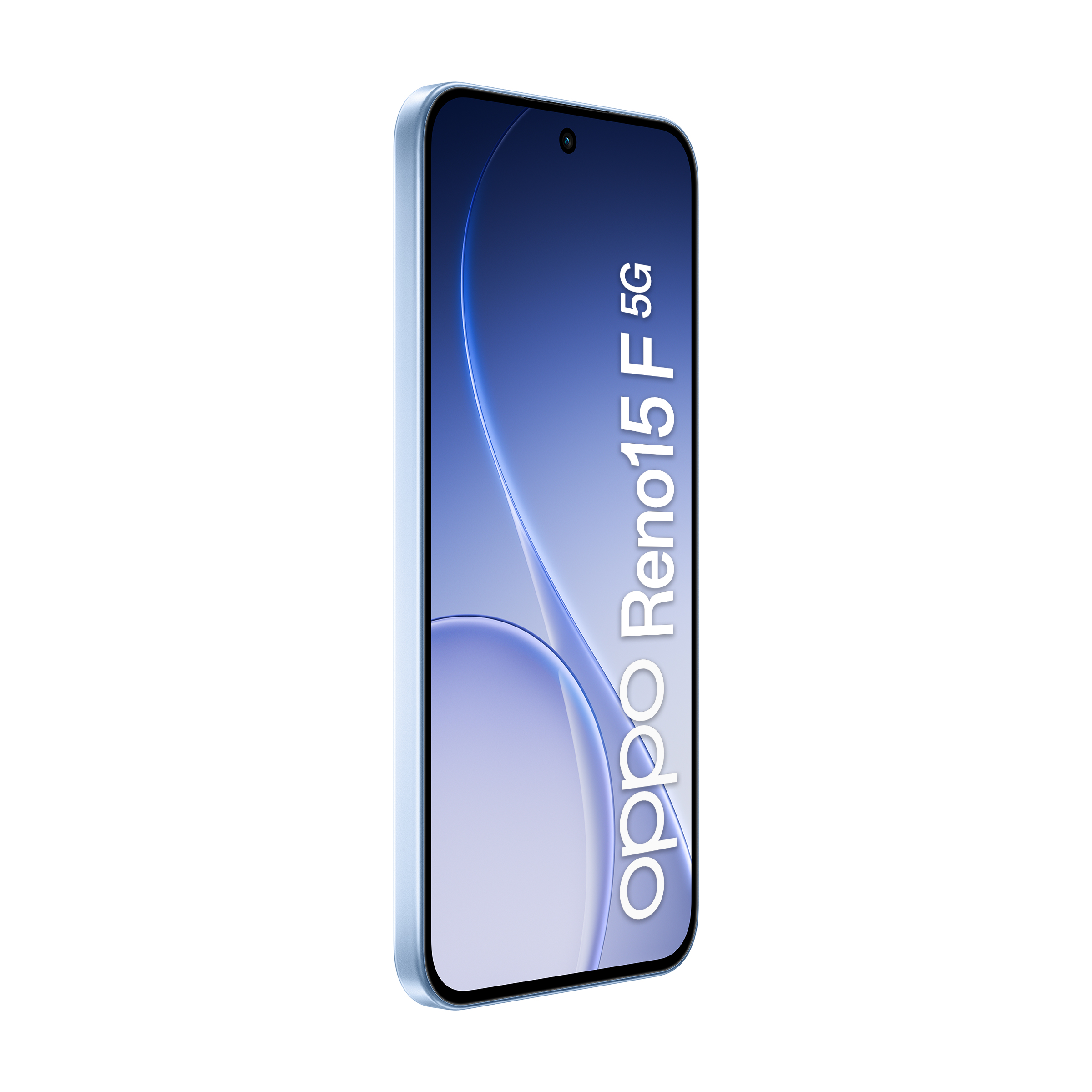 Ein hellblaues Smartphone mit einem blauen Hintergrund und dem Text "oppo Reno15 5G".