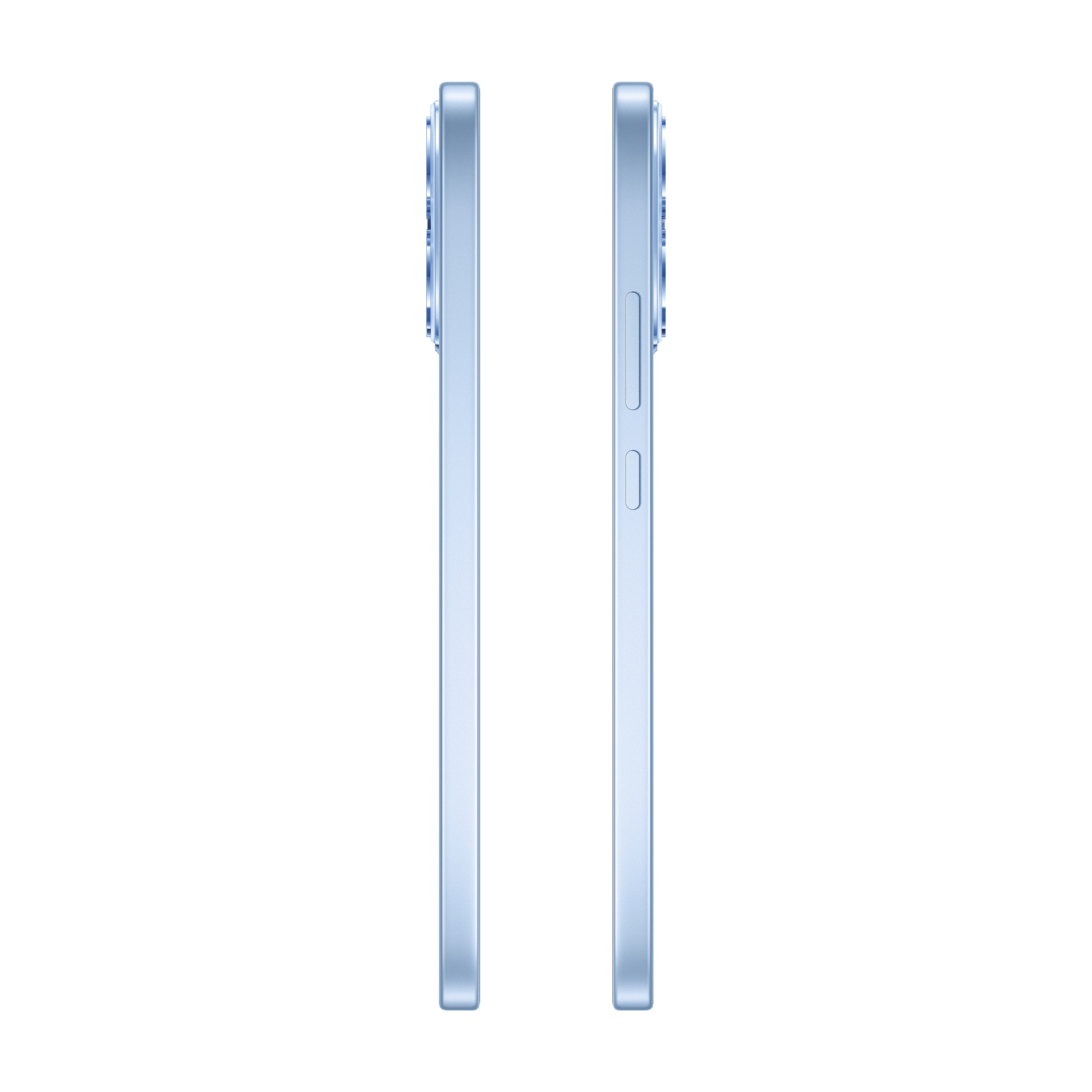 Zwei blaue Smartphones nebeneinander auf weißem Hintergrund.
