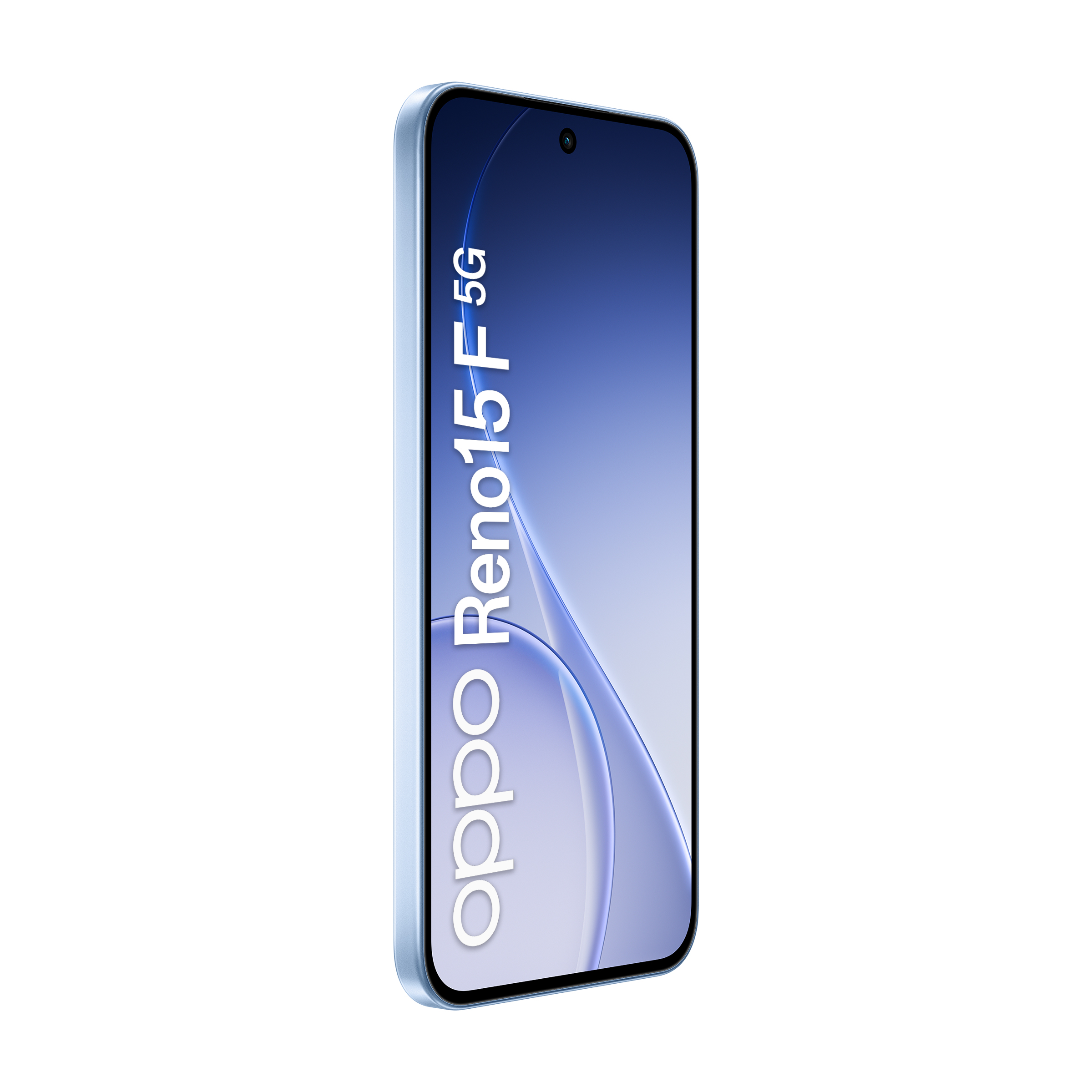 Ein hellblaues Oppo Reno15 5G Smartphone auf weißem Hintergrund.