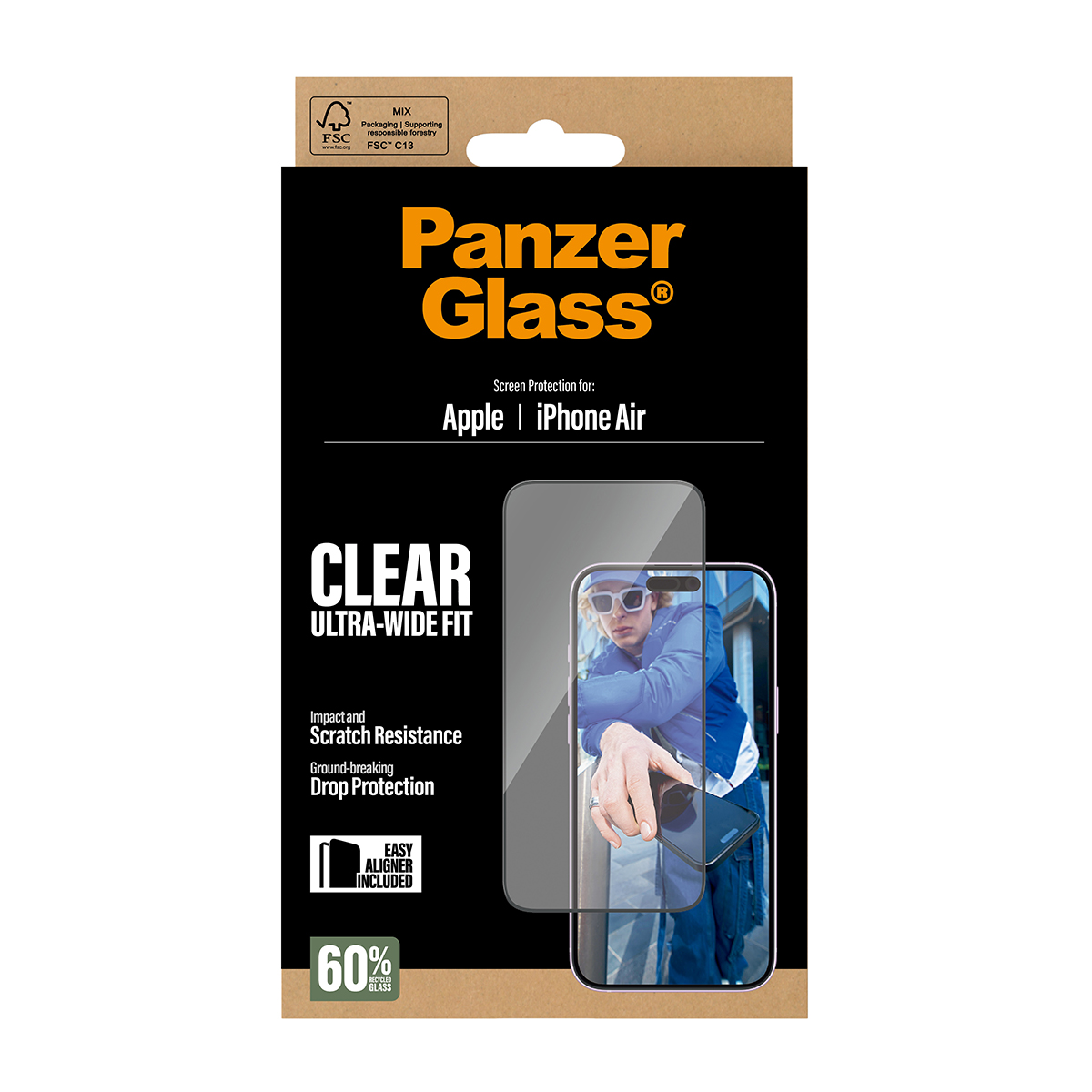 Panzer Glass iPhone Air Displayschutzfolie mit Aligner, 60% recyceltes Glas.