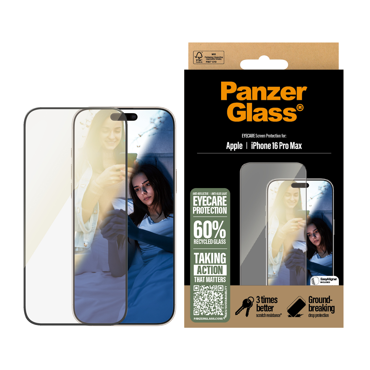 Panzer Glass Displayschutzfolie für iPhone 16 Pro Max, zeigt Recyclingglas & Fallschutz.