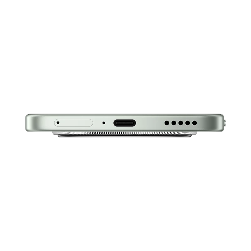 Nahaufnahme der Unterseite eines silbernen Smartphones mit Ladeanschluss und Lautsprecher.