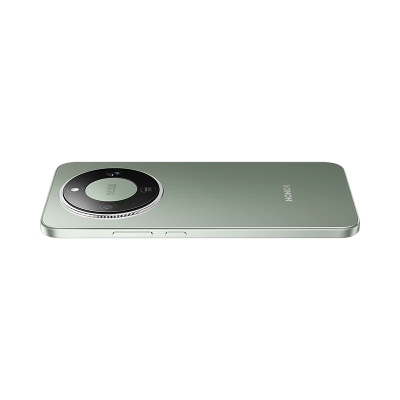 Ein hellgrünes Smartphone mit runder Kamerainsel auf schwarzem Hintergrund.