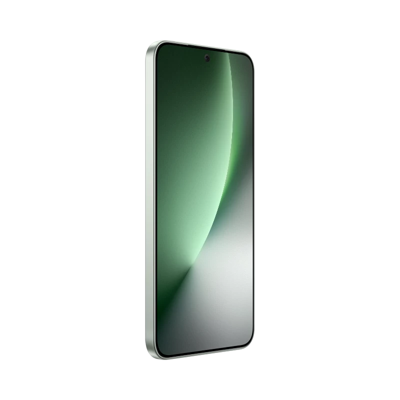 Ein Smartphone mit einem silbernen Rahmen und einem grünen, grauen Hintergrundbild.