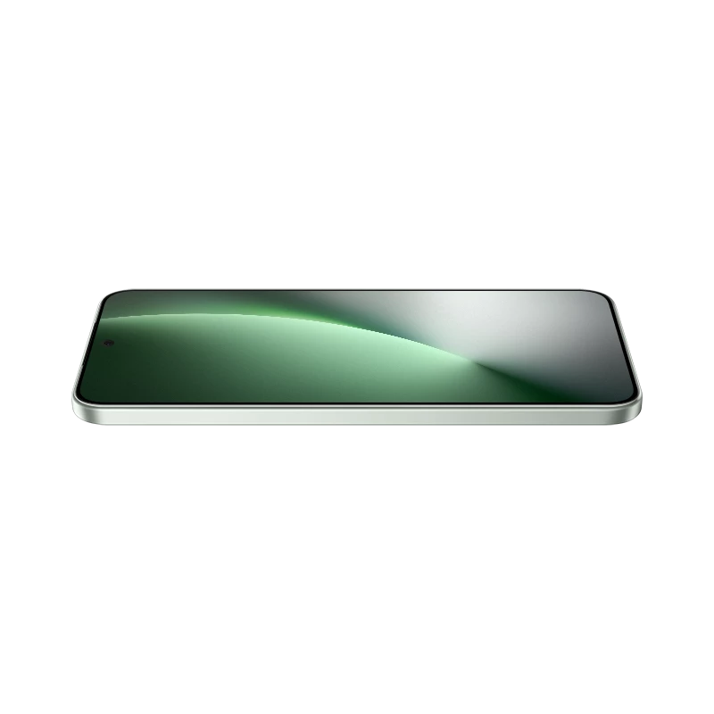 Ein schlankes Smartphone liegt auf schwarzem Hintergrund, Bildschirm leuchtet grün.
