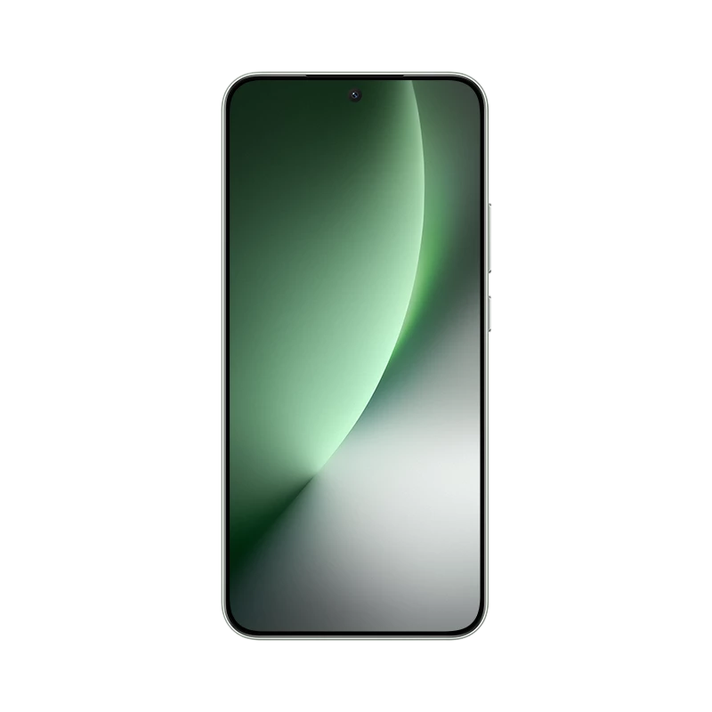 Ein schlankes, silberfarbenes Smartphone mit einem grünen und weißen Hintergrund auf dem Bildschirm.