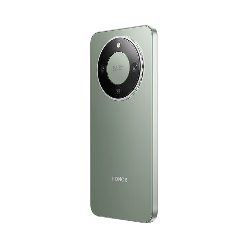 Grünes Smartphone mit runder Kamerainsel und HONOR-Logo auf schwarzem Hintergrund.