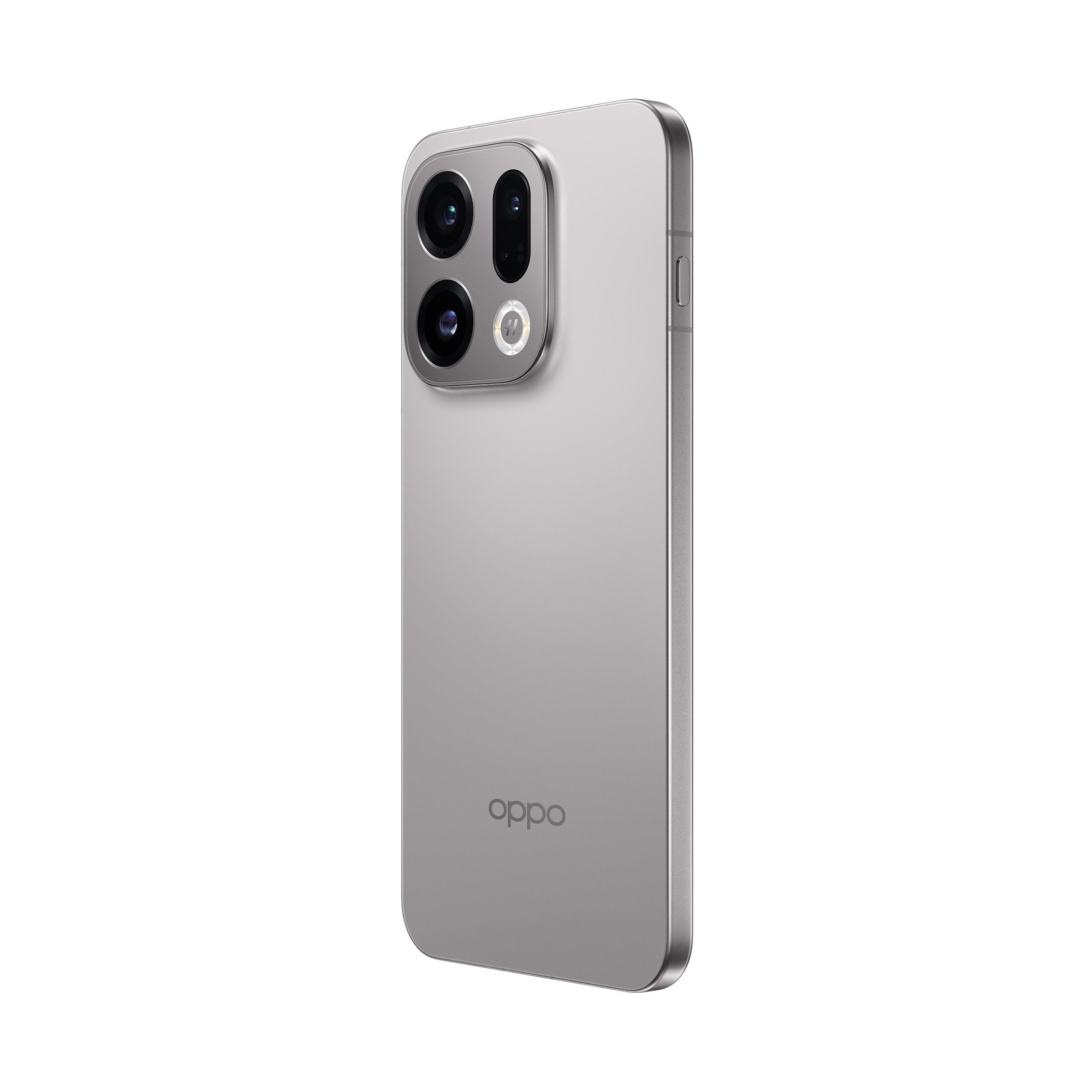 Srebrny smartfon z trzema aparatami i logo OPPO.