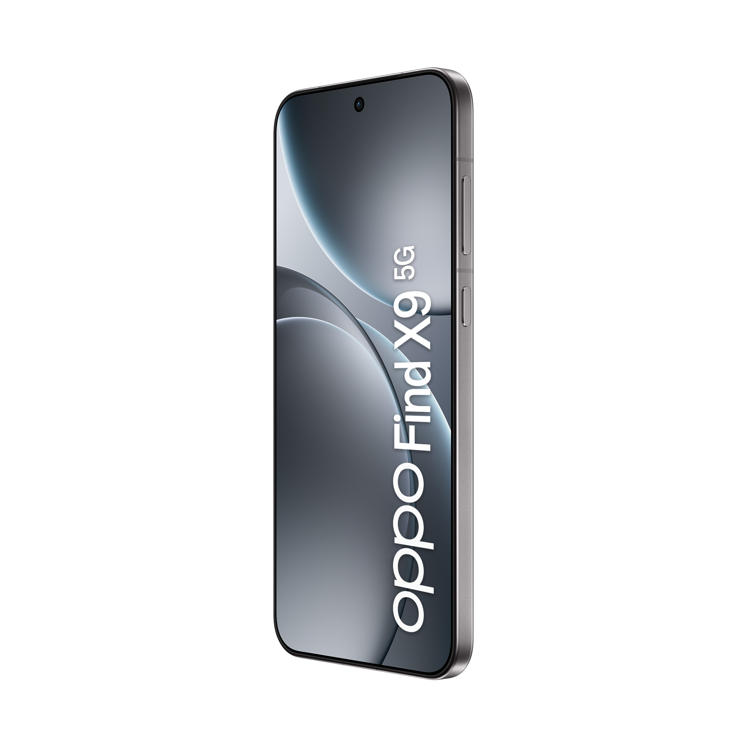 Szary smartfon Oppo Find X9 5G z zakrzywionym ekranem i aparatem typu punch-hole.