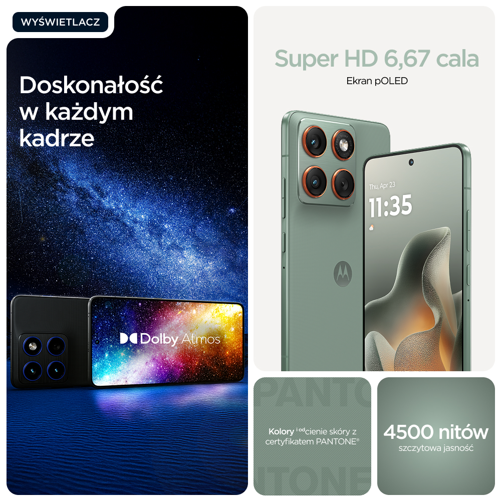 Dwa telefony, jeden z gwiezdnym niebem, drugi z logo Dolby Atmos. Trzeci telefon pokazuje "11:35".