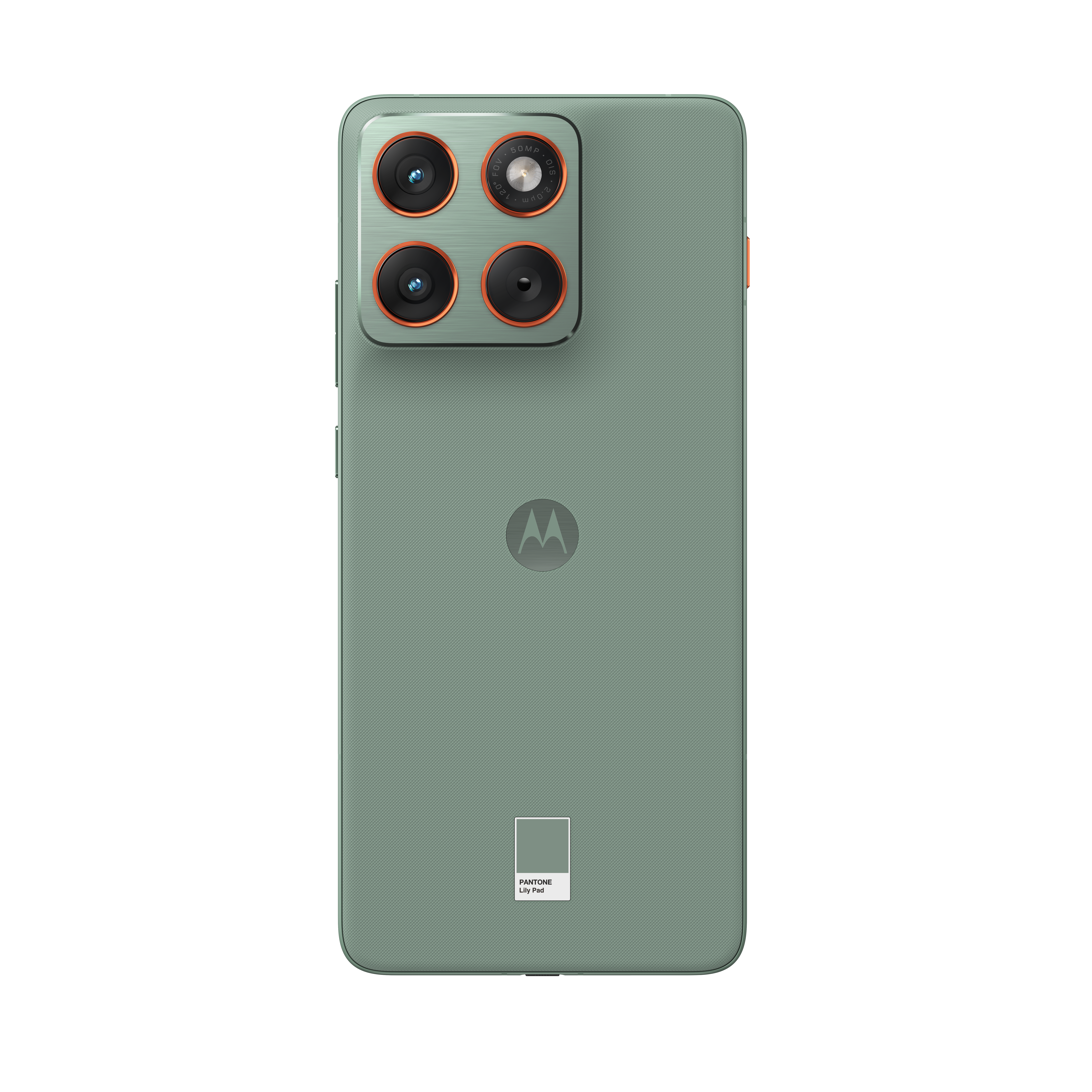 Tył zielonego smartfona z poczwórnym aparatem i logo Motorola.